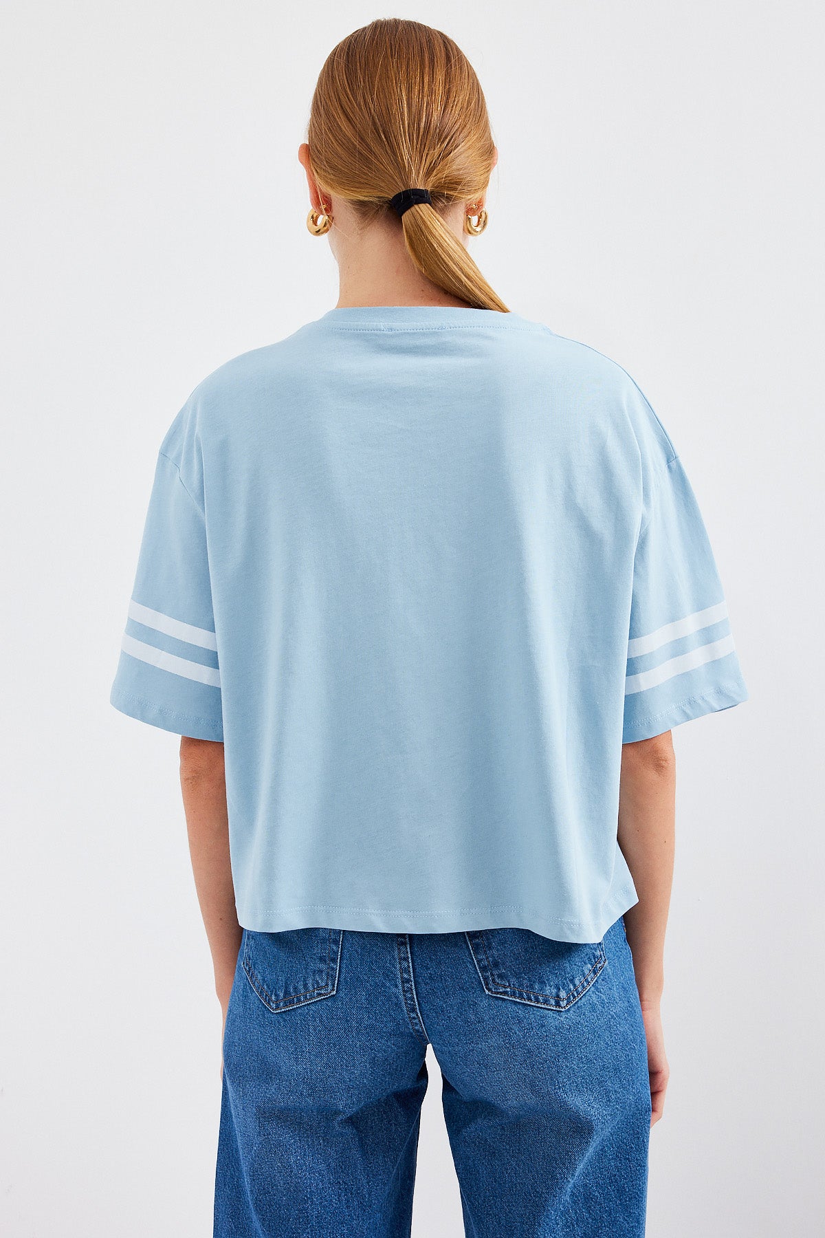 Image of 4322 Baskılı Oversize Basic Tişört - Mavi