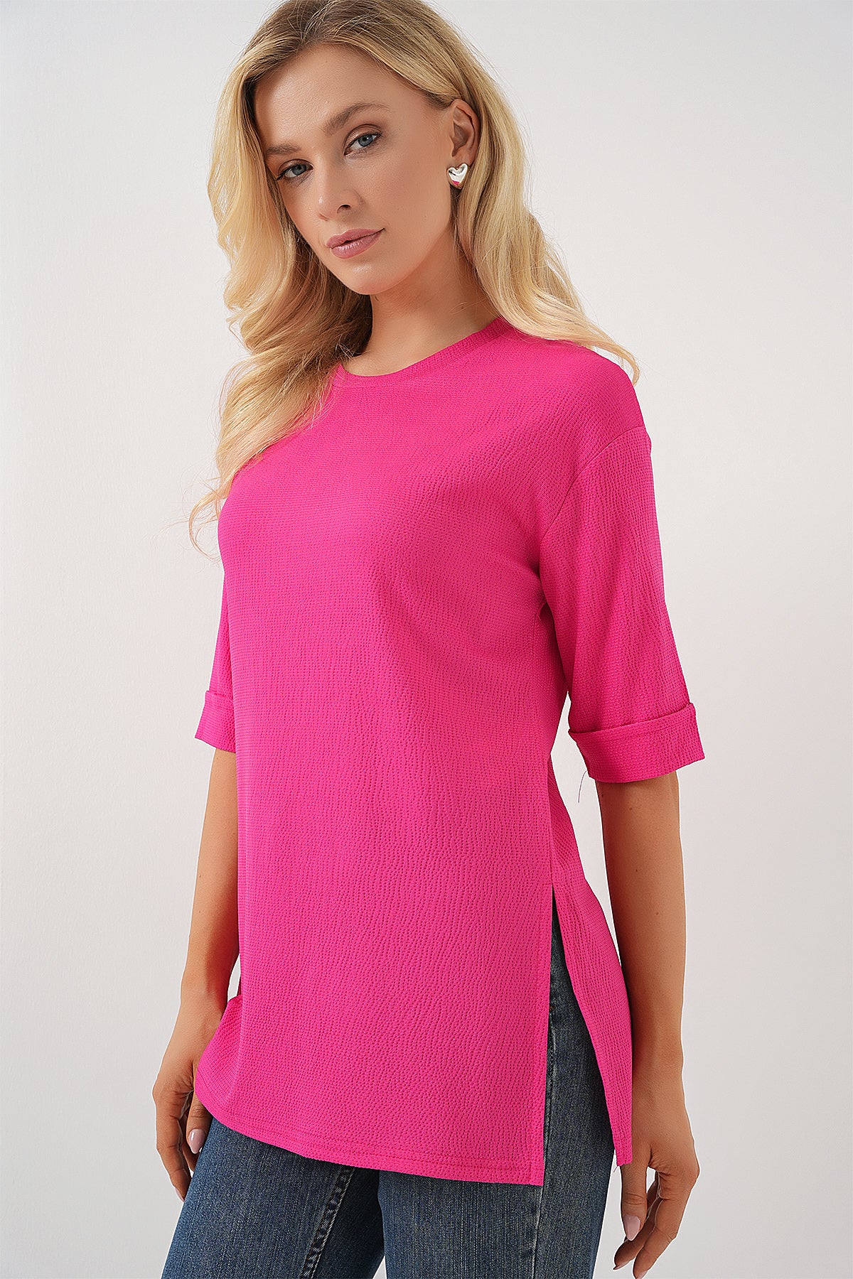 Image of 4332 Side Slit Knitted T-Shirt - Fuchsia