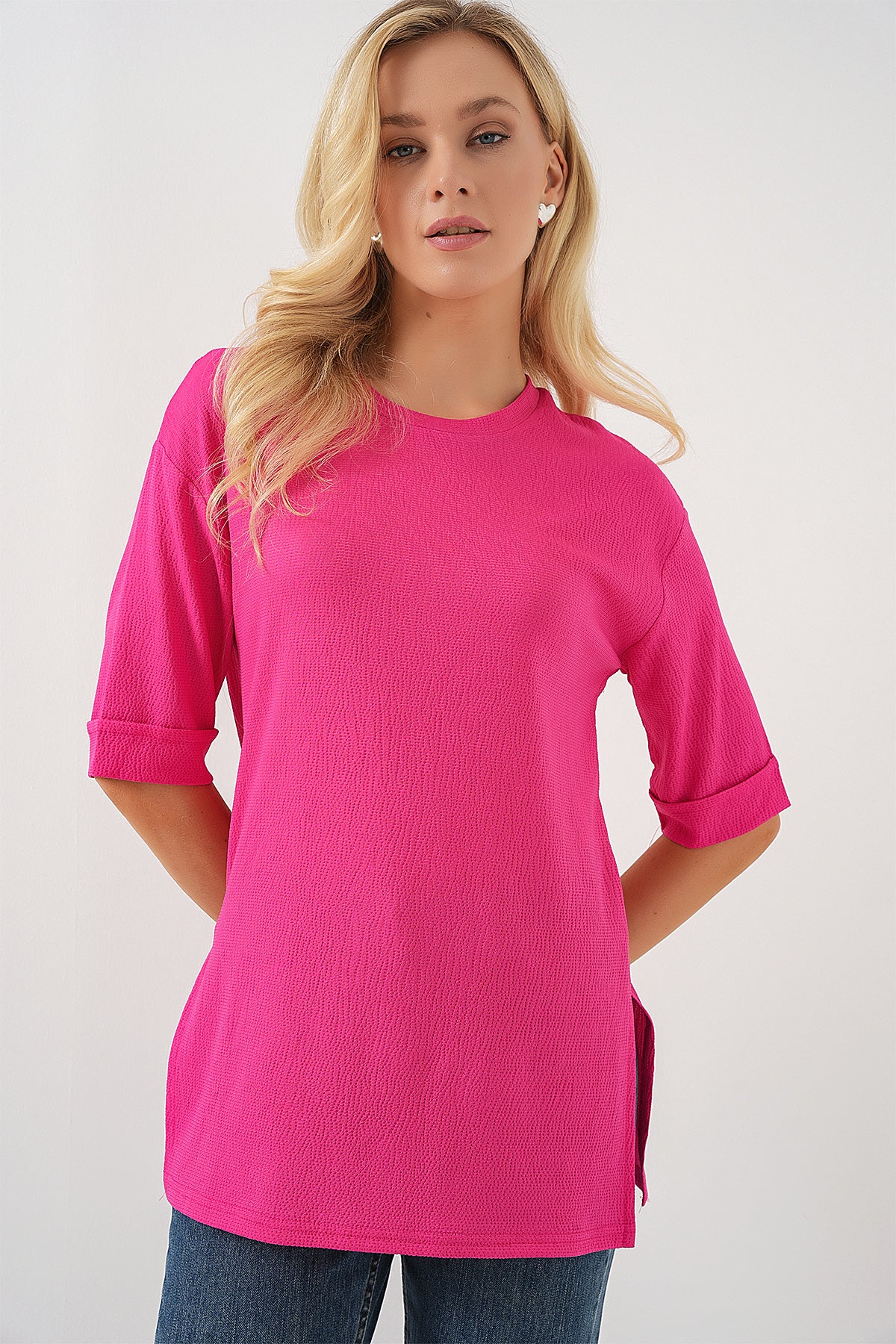 Image of 4332 Side Slit Knitted T-Shirt - Fuchsia