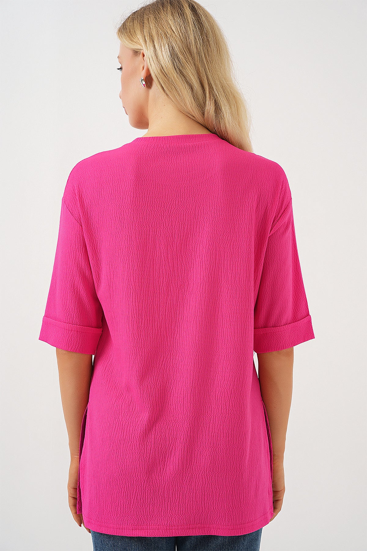 Image of 4332 Side Slit Knitted T-Shirt - Fuchsia