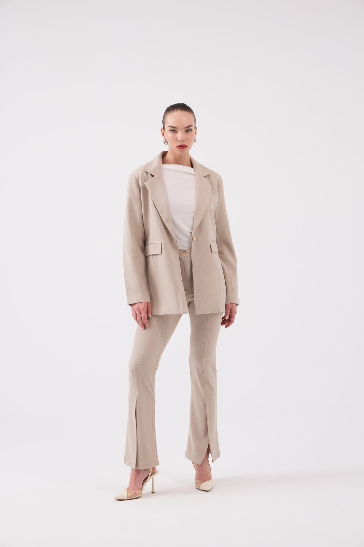 Image of Vatkalı Astarlı Blazer Striped Blazer Ceket Bej