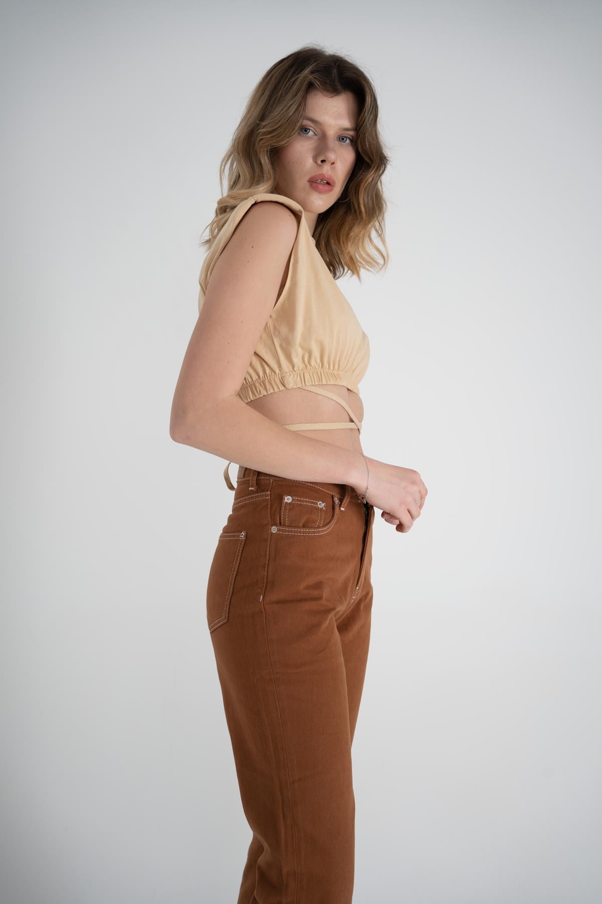 Image of Bel Bağlamalı Crop Candy Tshirt Bej