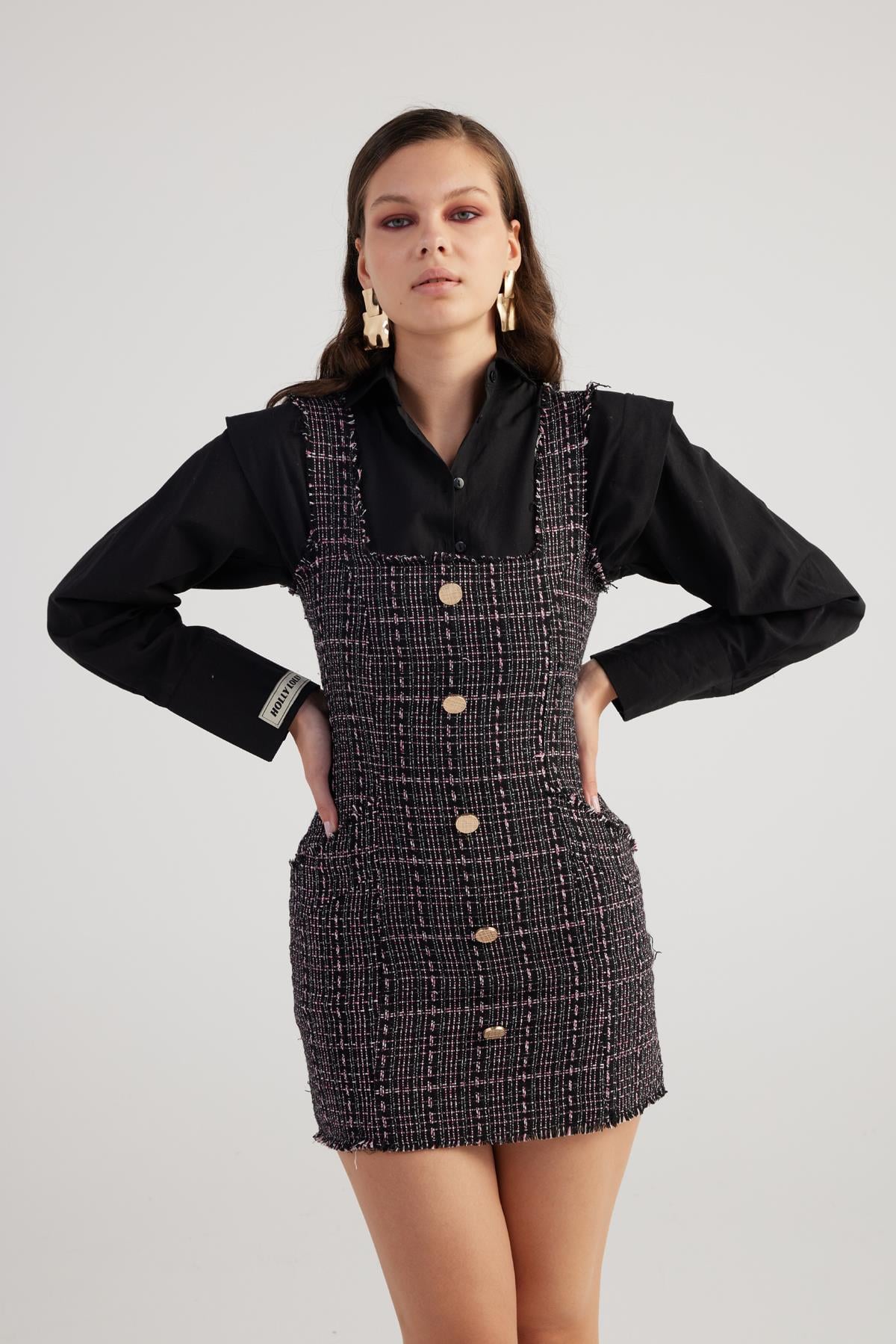 Image of Metal Düğme Detaylı Mini Tweed Elbise Siyah