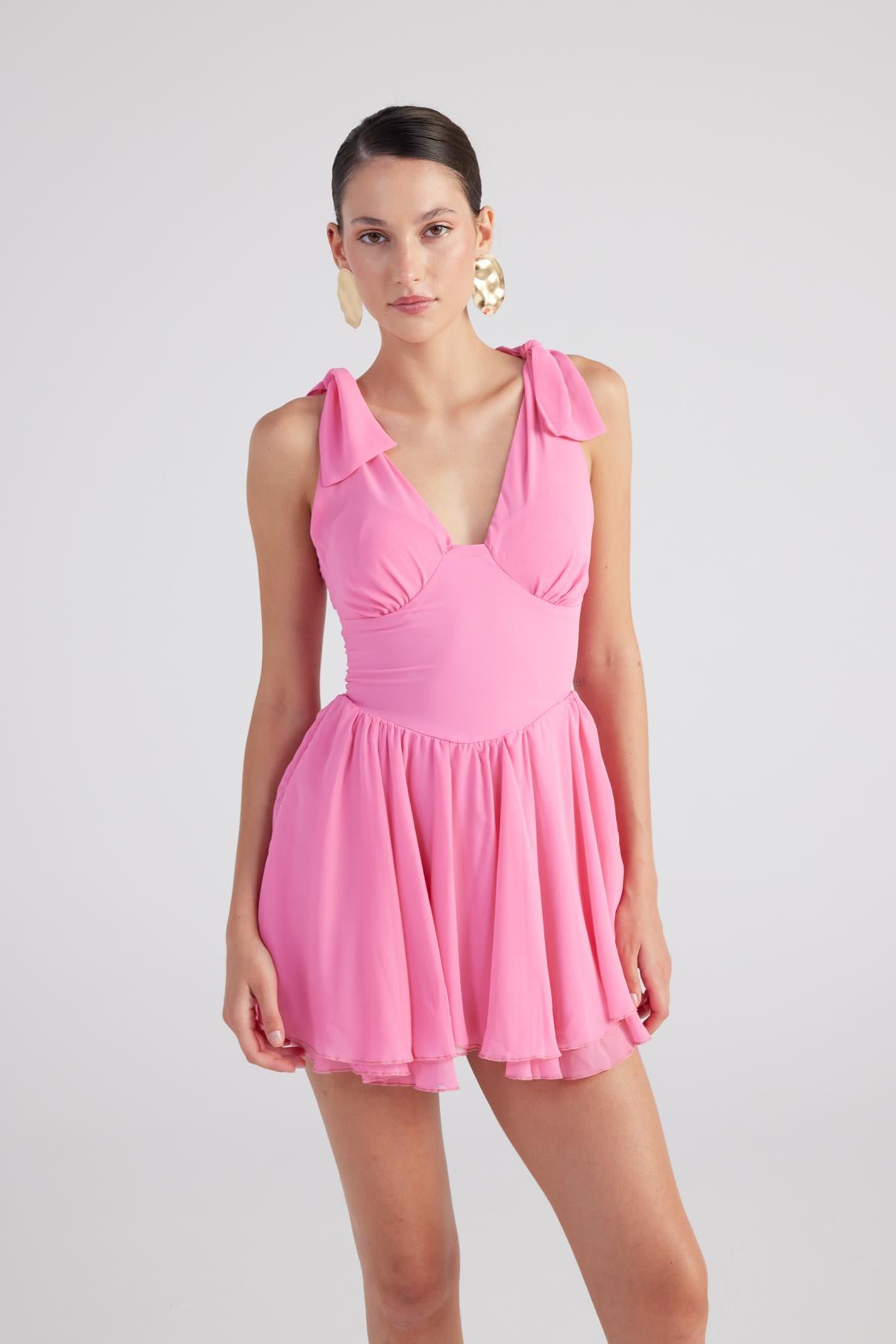 Image of Çıkarılabilir Korseli Gloplu Mini Şifon Fiona Elbise Pembe