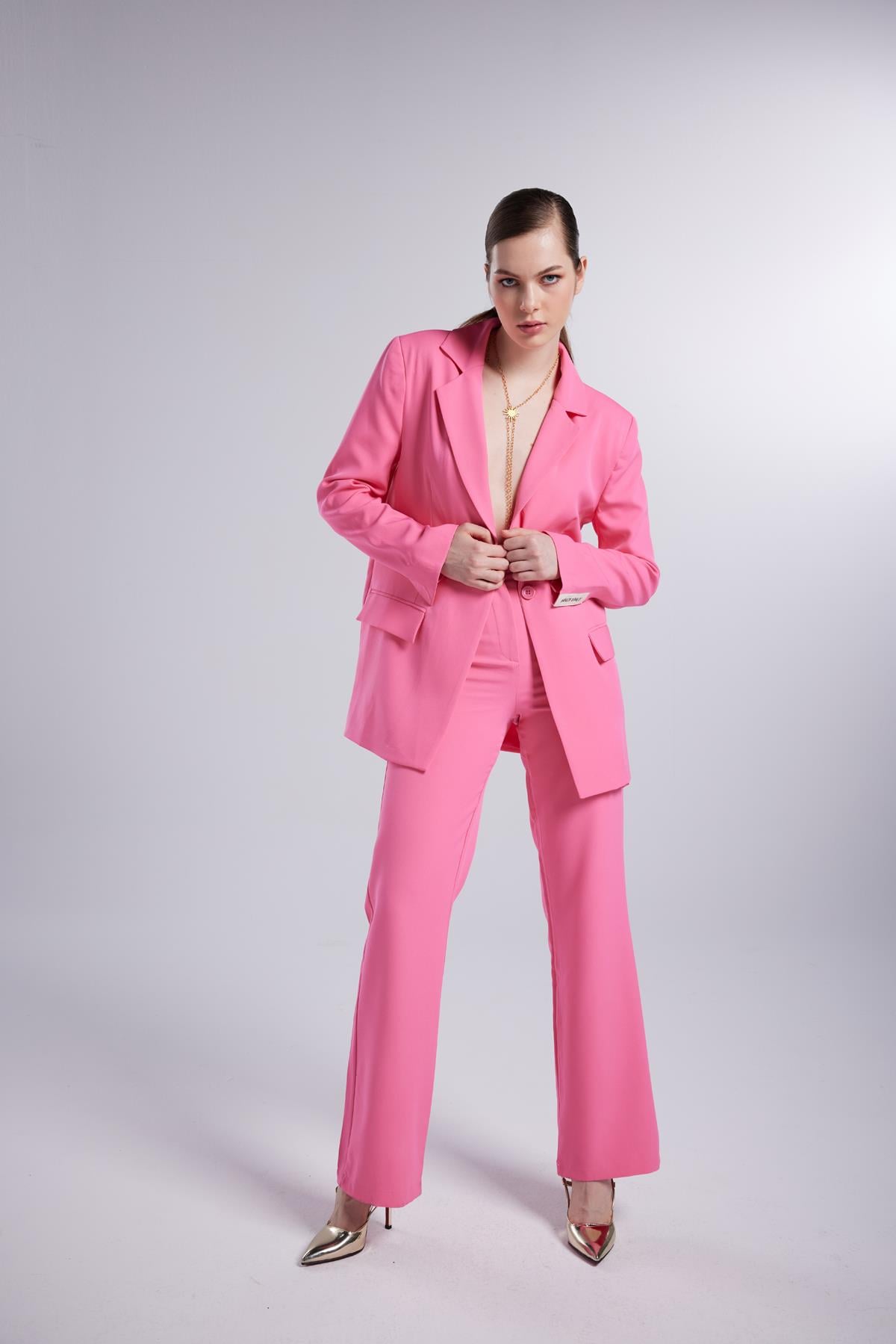 Image of Yüksek Bel Düğme Kapamalı Panky Pantolon Pembe