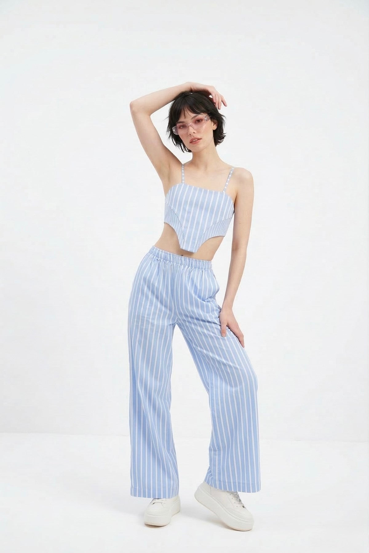 Image of Beli Lastikli Çizgili Harmony Poplin Pantolon Mavi