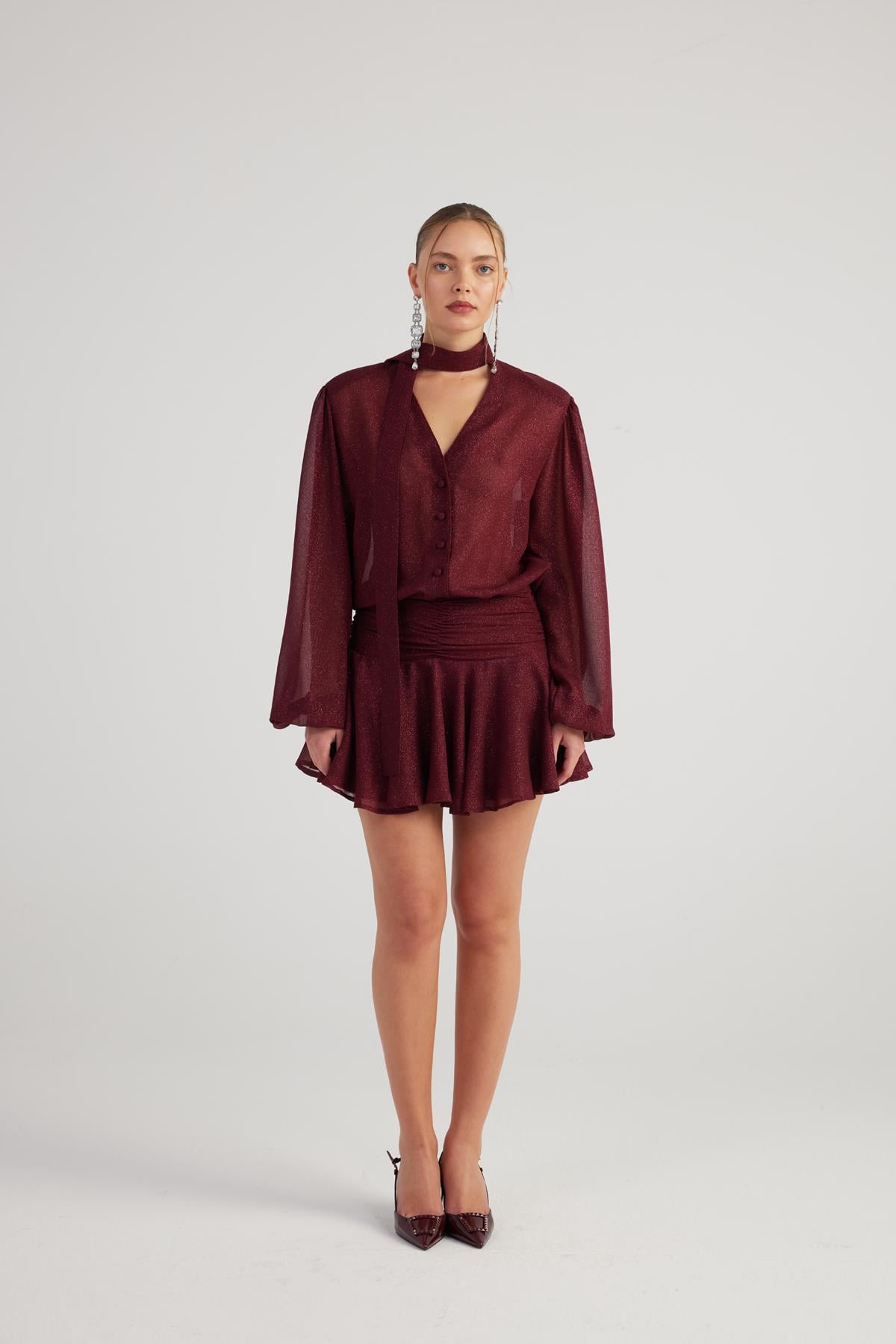Image of Simli Kumaş Fırfırlı Mini Vanesa Elbise Bordo