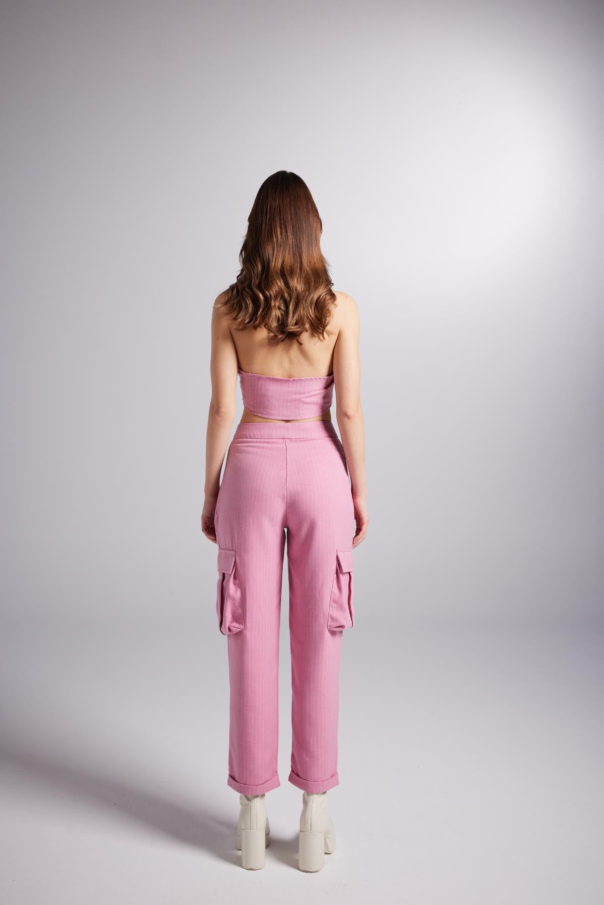 Image of Yüksek Bel Çizgili Kargo Cep Kira Pantolon Pembe