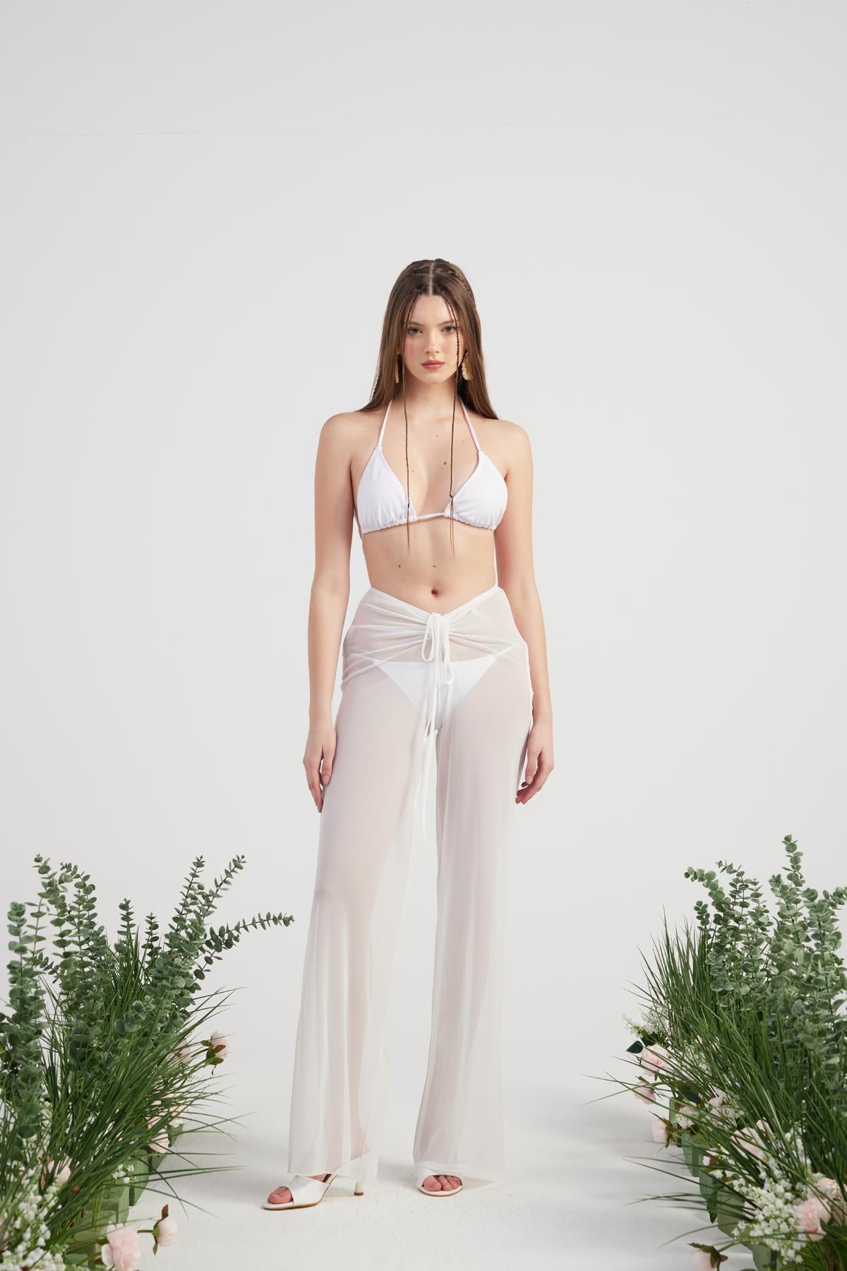 Image of Beli İp Detaylı Tül Pareo Shirred Pantolon Beyaz