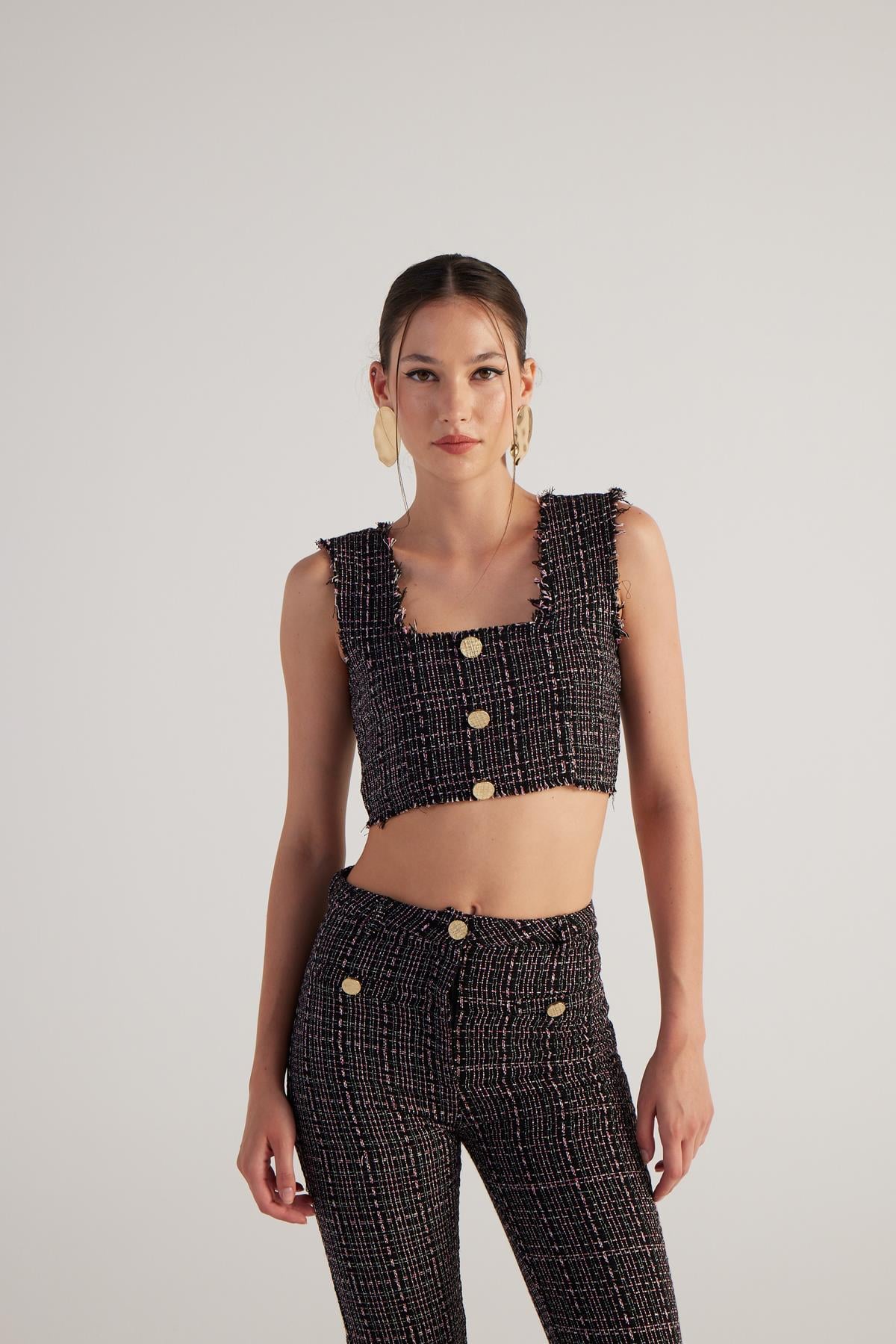 Image of Tüvit Kumaş Crop Tweed Büstiyer Siyah