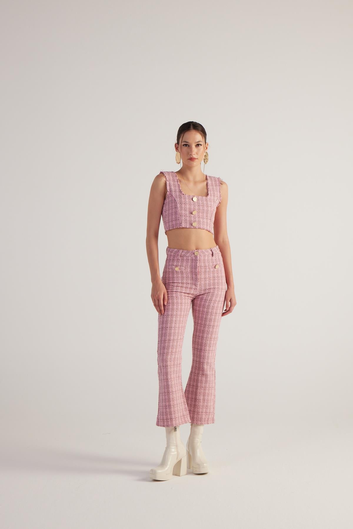 Image of İspanyol Kesim Tüvit Tweed Pantolon Pembe