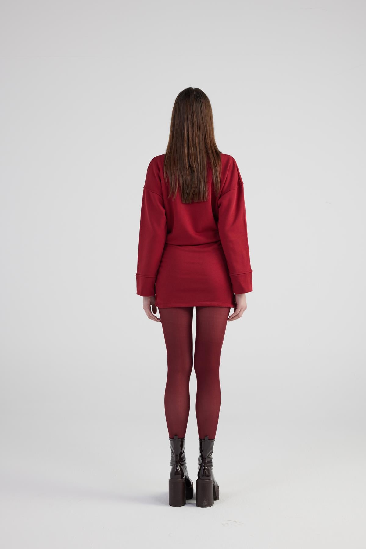 Image of Yırtmaçlı Dokuma Kumaş Mini Claire Elbise Bordo