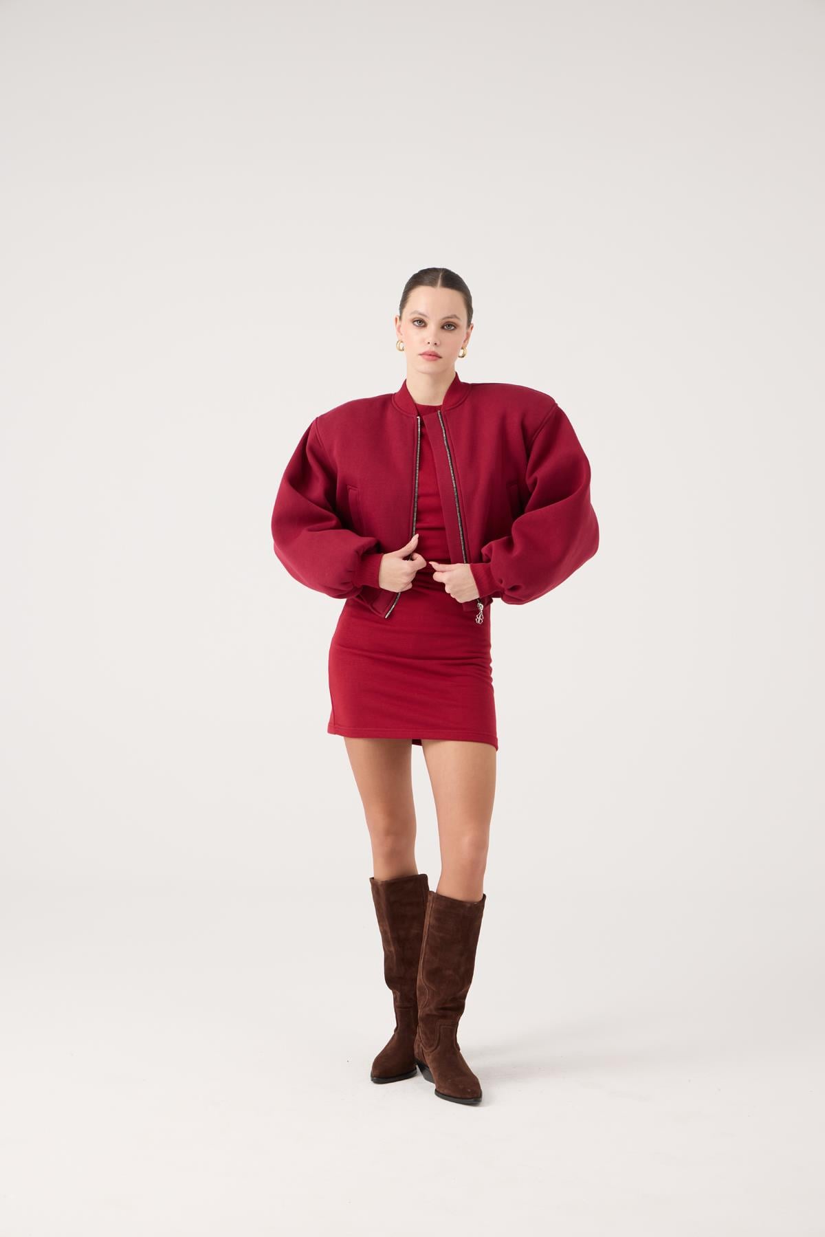 Image of Crop Kesim Vatkalı Parker Bomber Ceket Bordo