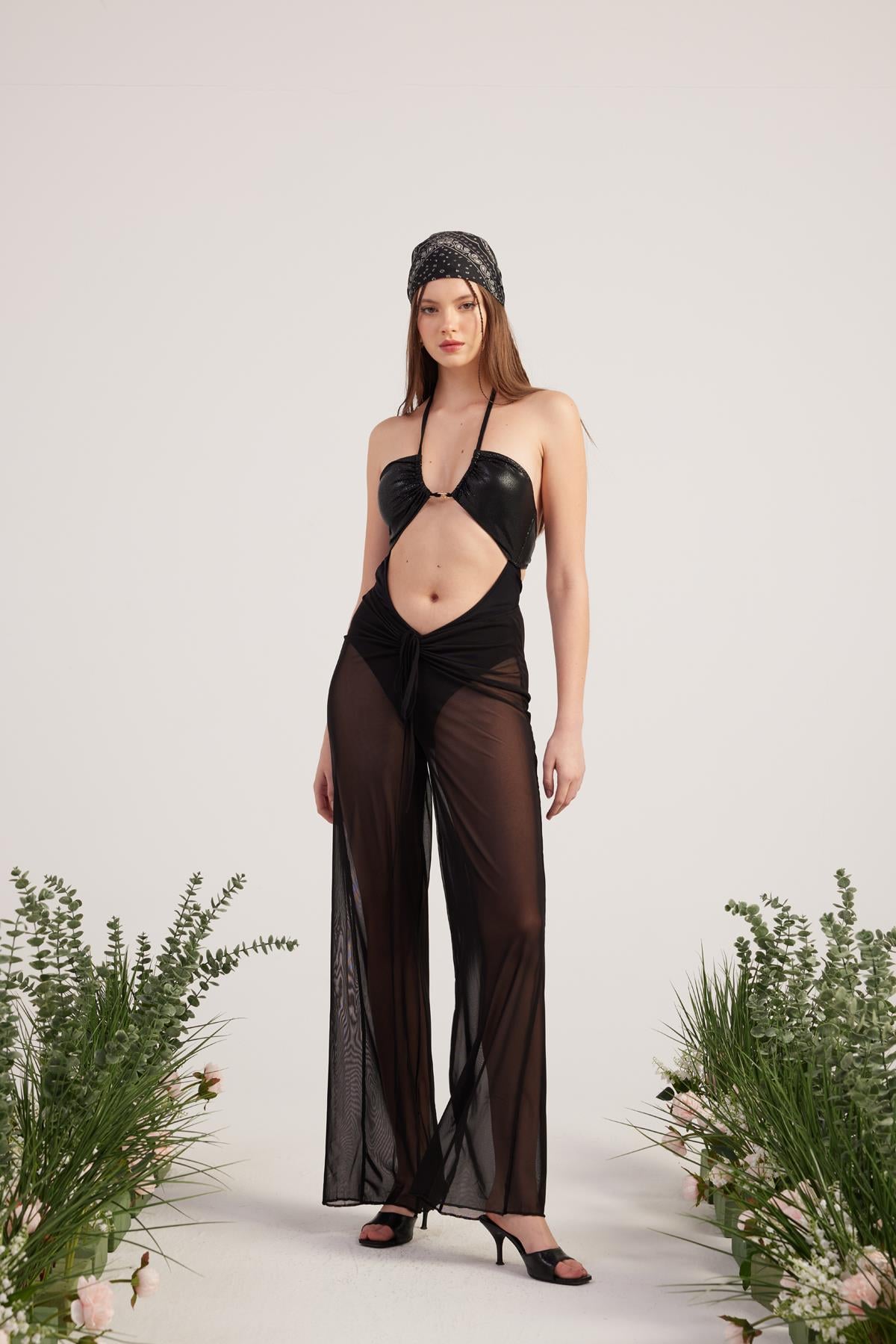 Image of Beli İp Detaylı Tül Pareo Shirred Pantolon Siyah