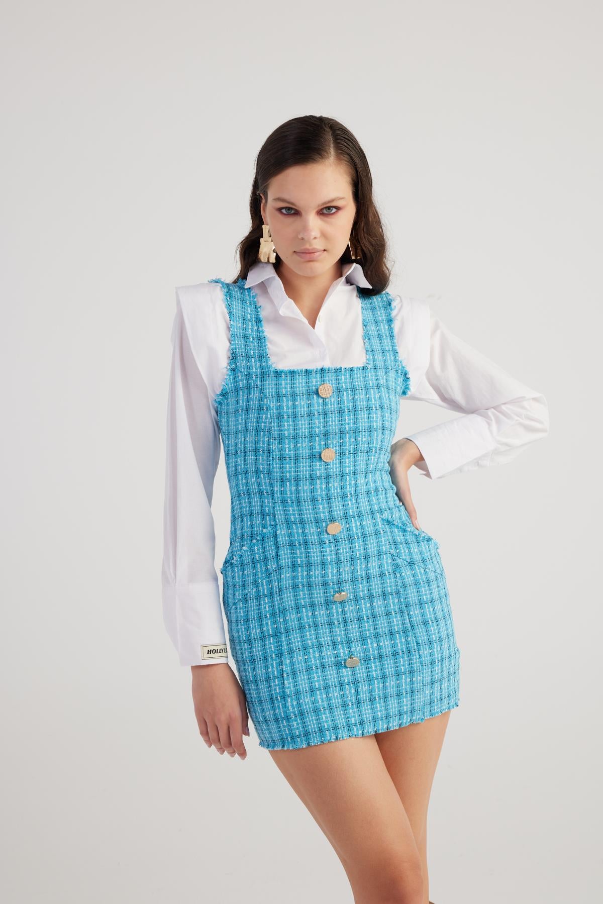 Image of Metal Düğme Detaylı Mini Tüvit Tweed Elbise Mavi