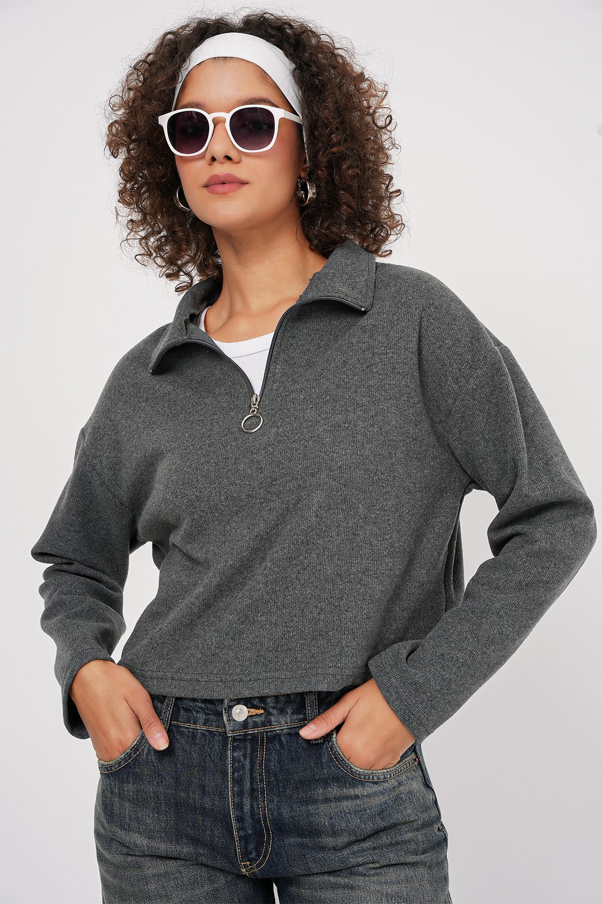 Image of 55449 Fermuarlı Yaka Örme Sweatshirt - Antrasit