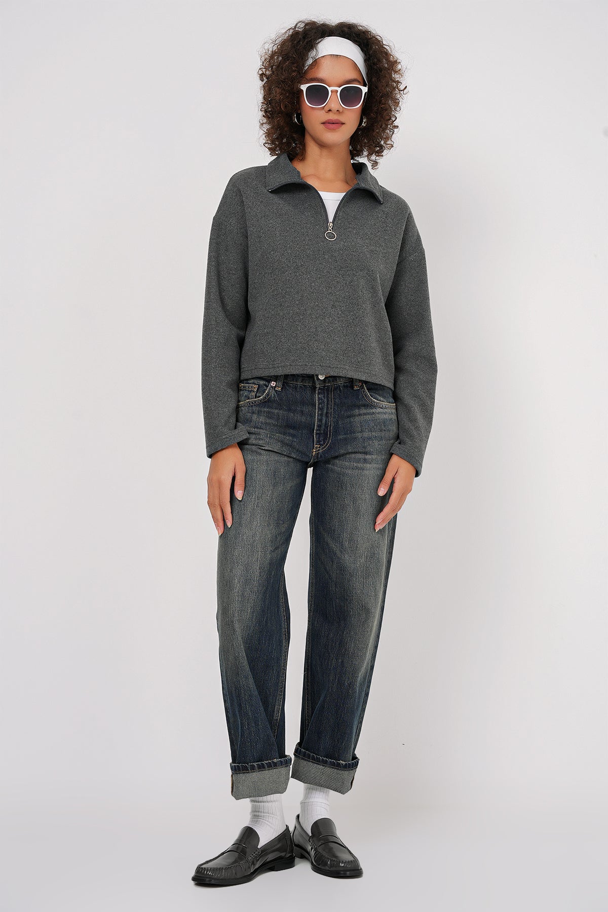 Image of 55449 Fermuarlı Yaka Örme Sweatshirt - Antrasit