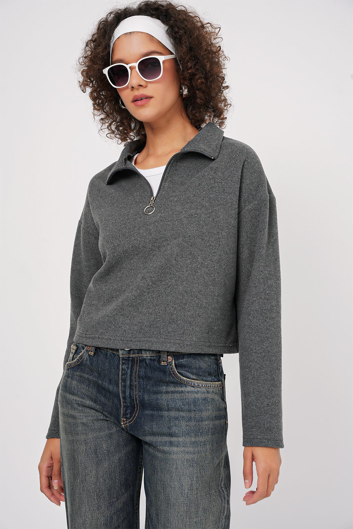 Image of 55449 Fermuarlı Yaka Örme Sweatshirt - Antrasit