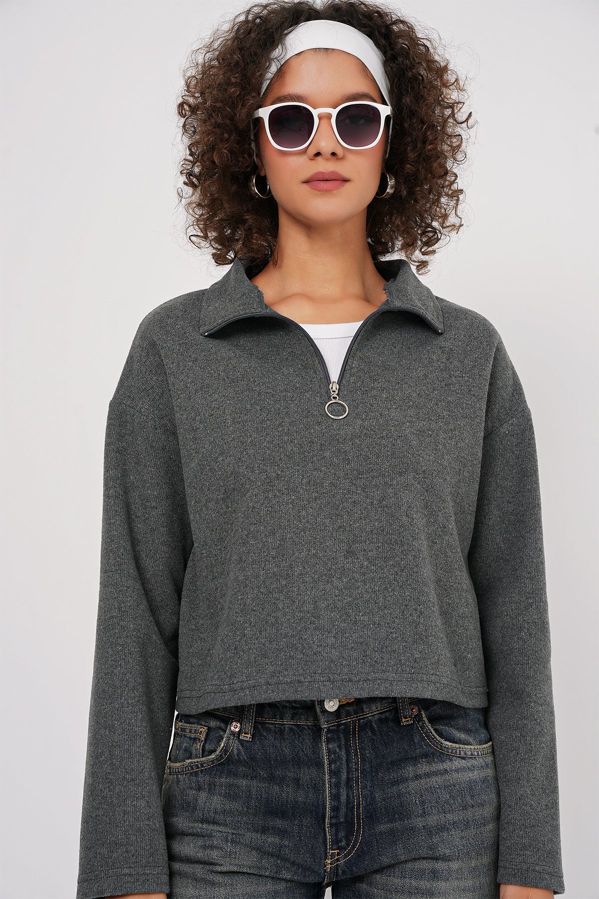 Image of 55449 Fermuarlı Yaka Örme Sweatshirt - Antrasit