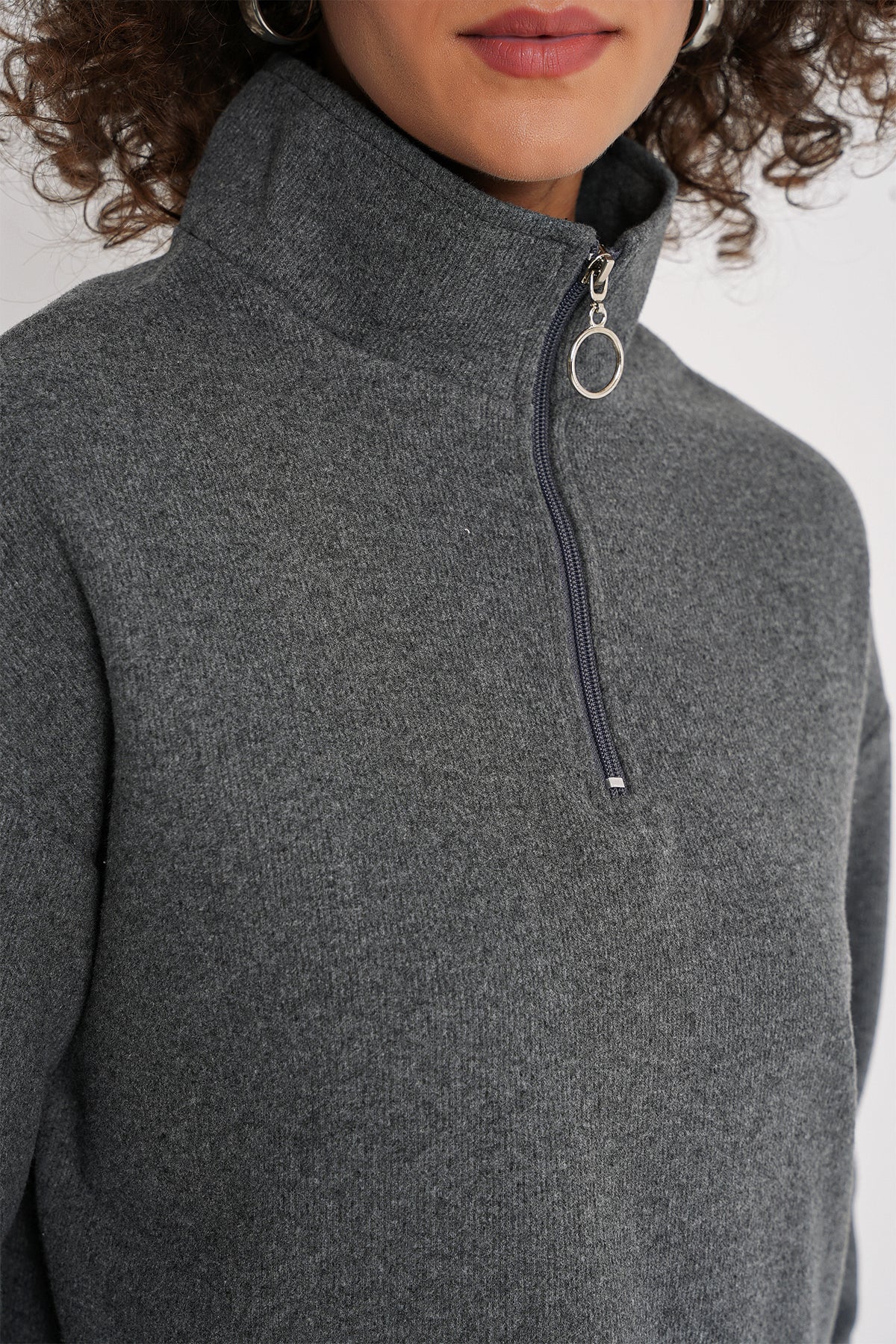 Image of 55449 Fermuarlı Yaka Örme Sweatshirt - Antrasit