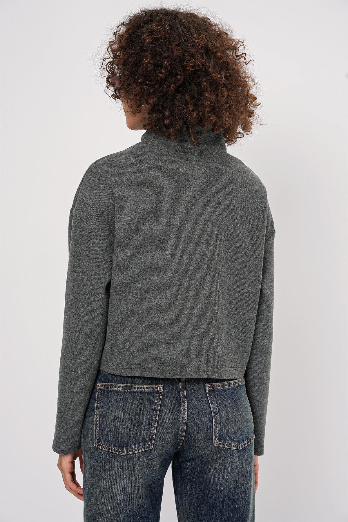 Image of 55449 Fermuarlı Yaka Örme Sweatshirt - Antrasit