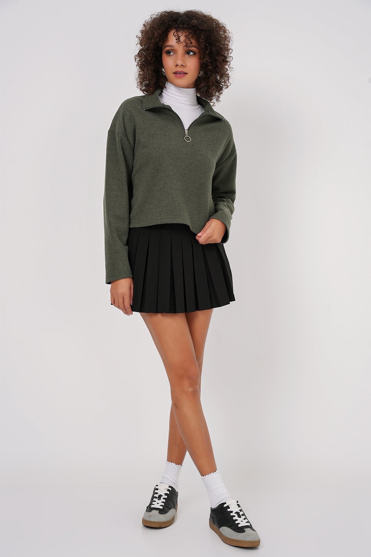 Image of 55449 Fermuarlı Yaka Örme Sweatshirt - Haki