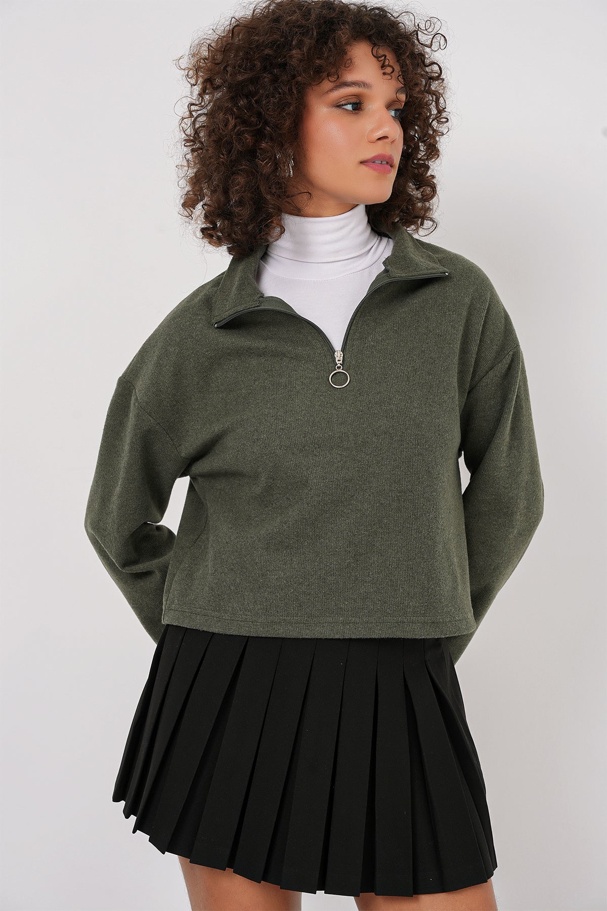 Image of 55449 Fermuarlı Yaka Örme Sweatshirt - Haki