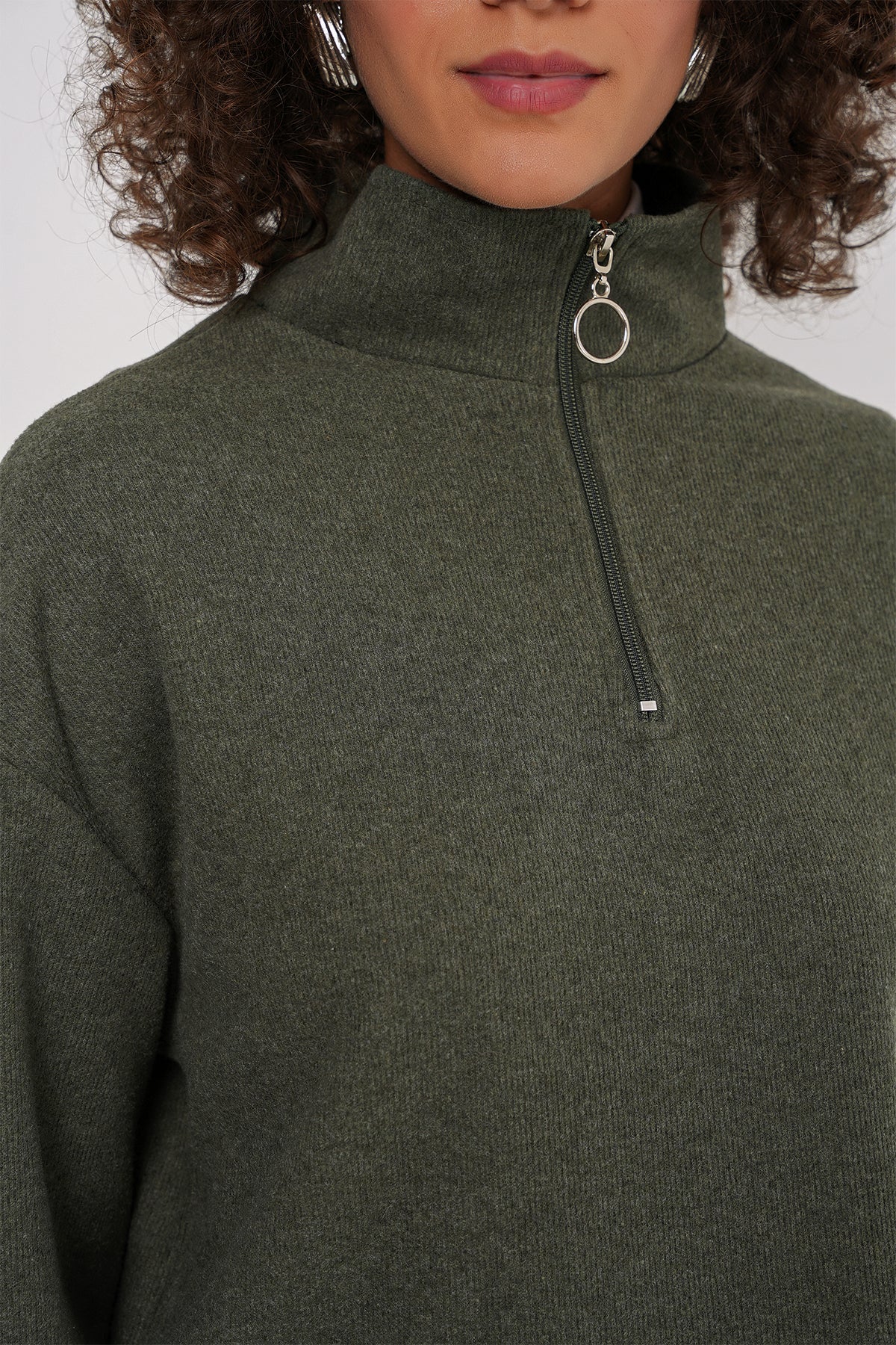 Image of 55449 Fermuarlı Yaka Örme Sweatshirt - Haki