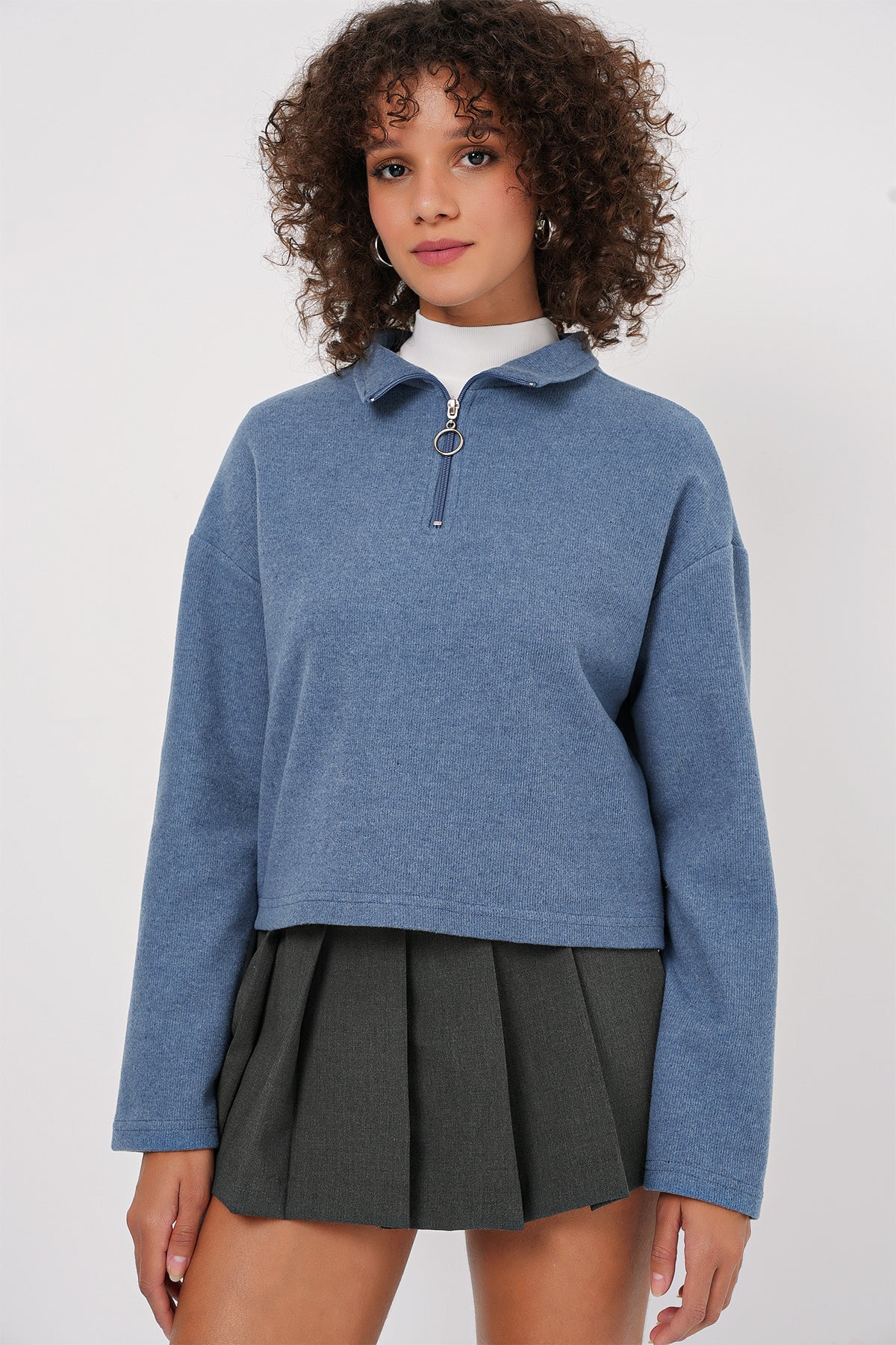 Image of 55449 Fermuarlı Yaka Örme Sweatshirt - İndigo