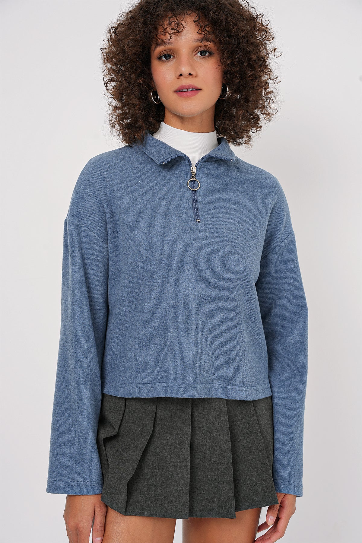 Image of 55449 Fermuarlı Yaka Örme Sweatshirt - İndigo