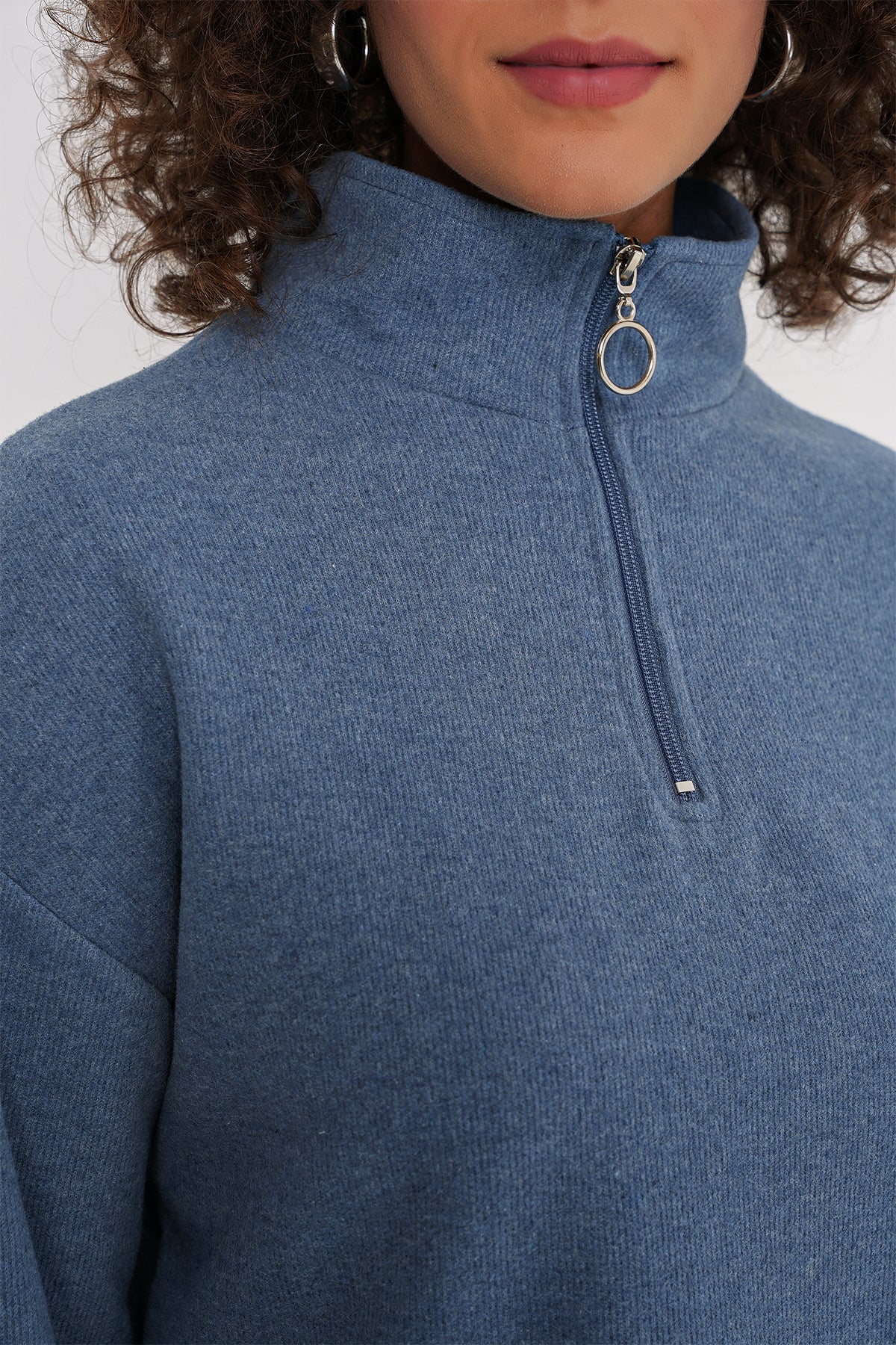 Image of 55449 Fermuarlı Yaka Örme Sweatshirt - İndigo