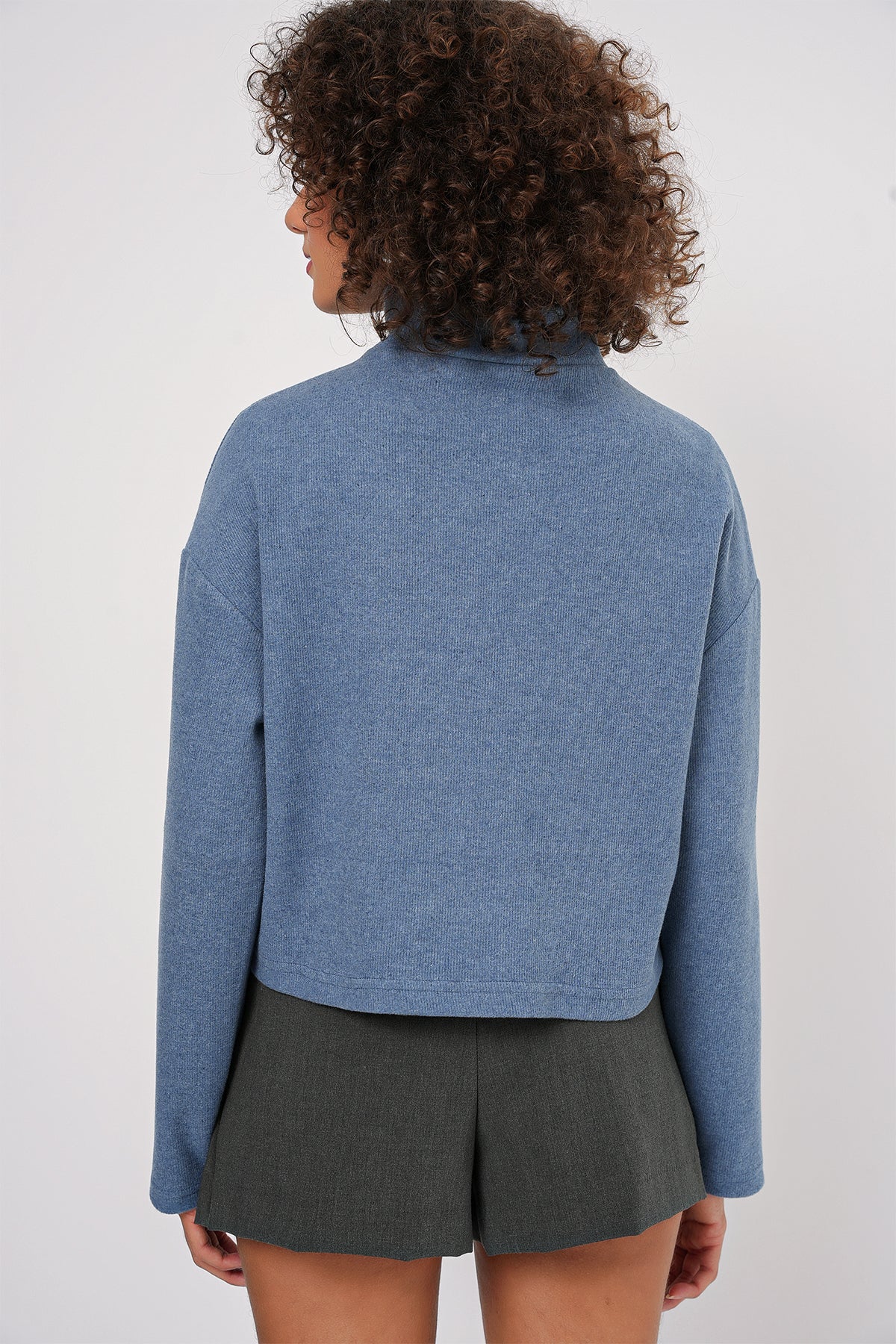 Image of 55449 Fermuarlı Yaka Örme Sweatshirt - İndigo