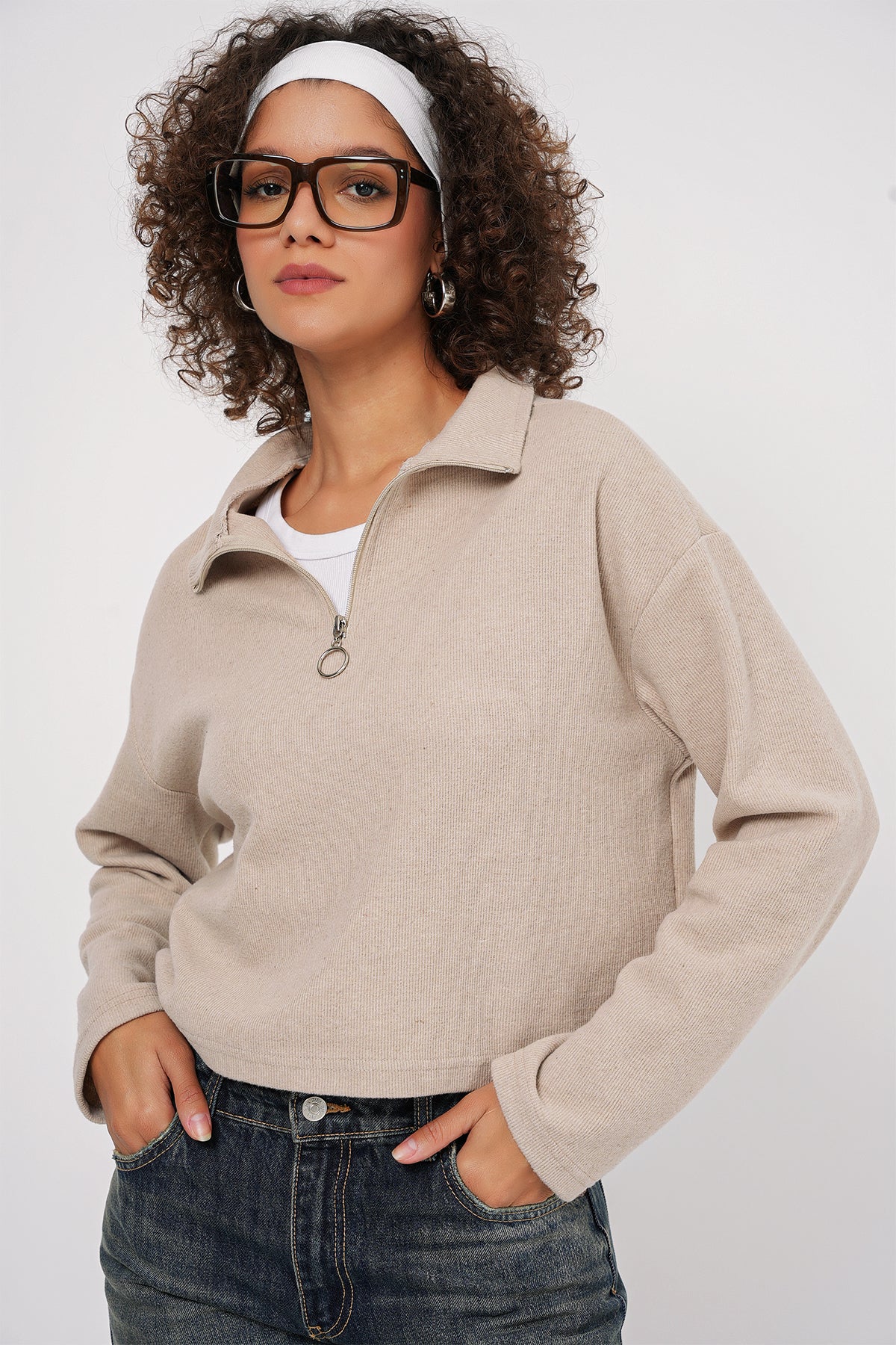 Image of 55449 Fermuarlı Yaka Örme Sweatshirt - Krem