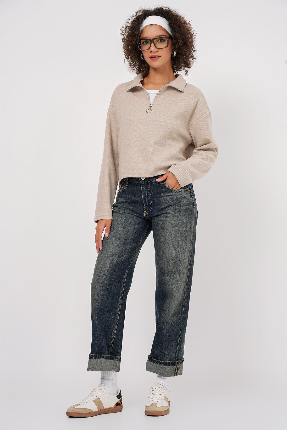 Image of 55449 Fermuarlı Yaka Örme Sweatshirt - Krem