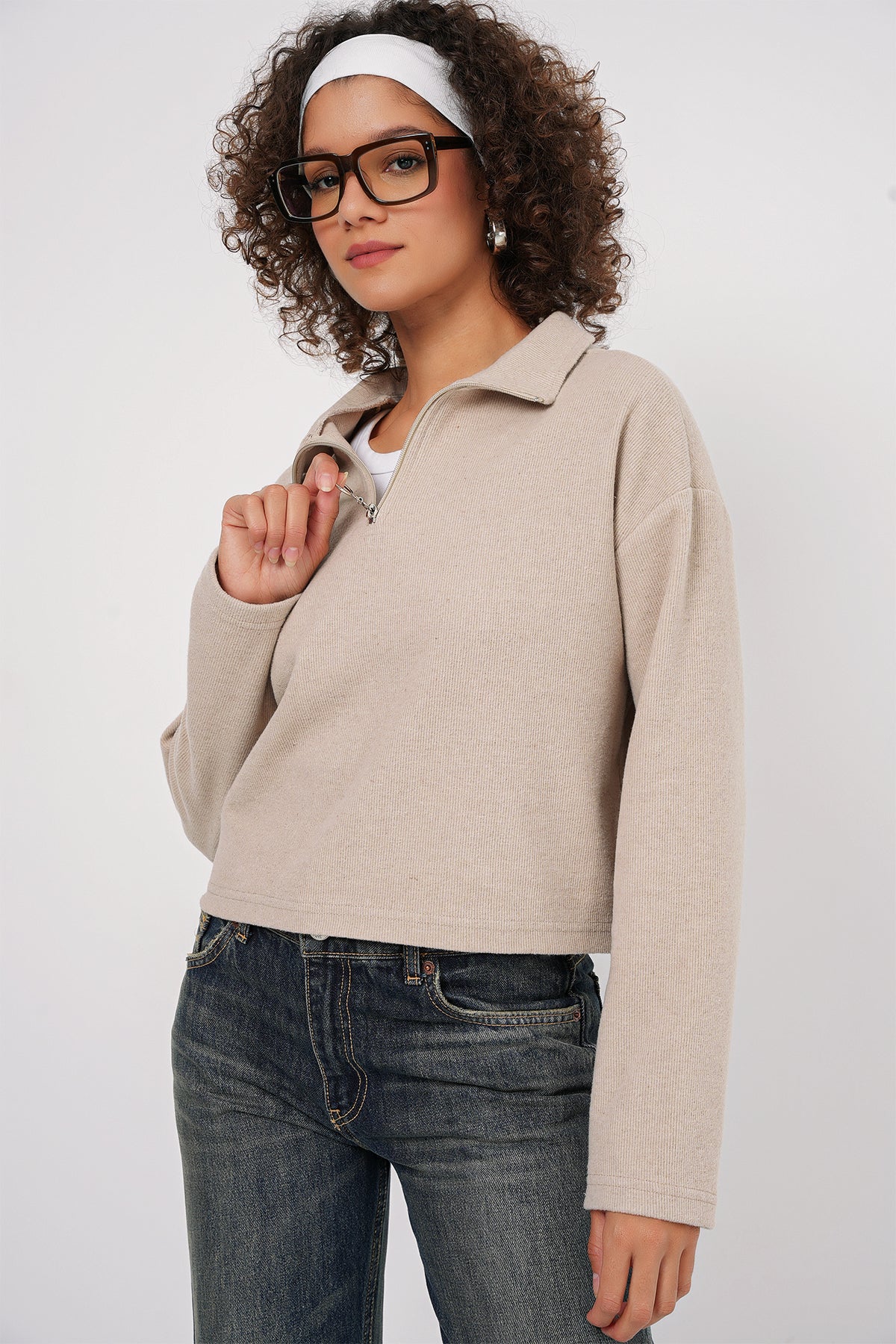 Image of 55449 Fermuarlı Yaka Örme Sweatshirt - Krem