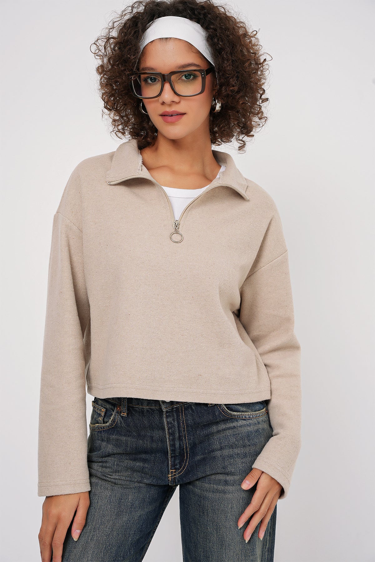 Image of 55449 Fermuarlı Yaka Örme Sweatshirt - Krem