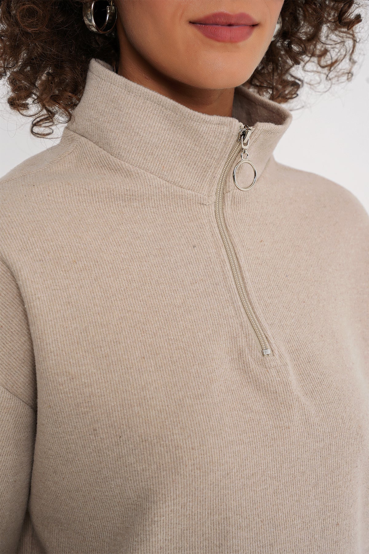 Image of 55449 Fermuarlı Yaka Örme Sweatshirt - Krem