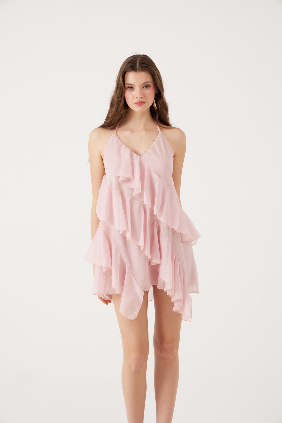 Image of Fırfırlı Boyundan Bağlamalı Mini Lea Elbise Pembe