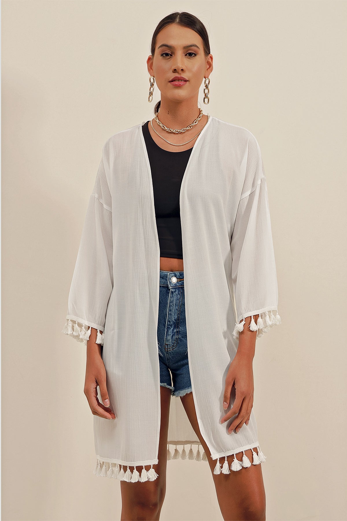 Image of 5833 Fırfırlı Kimono - Beyaz