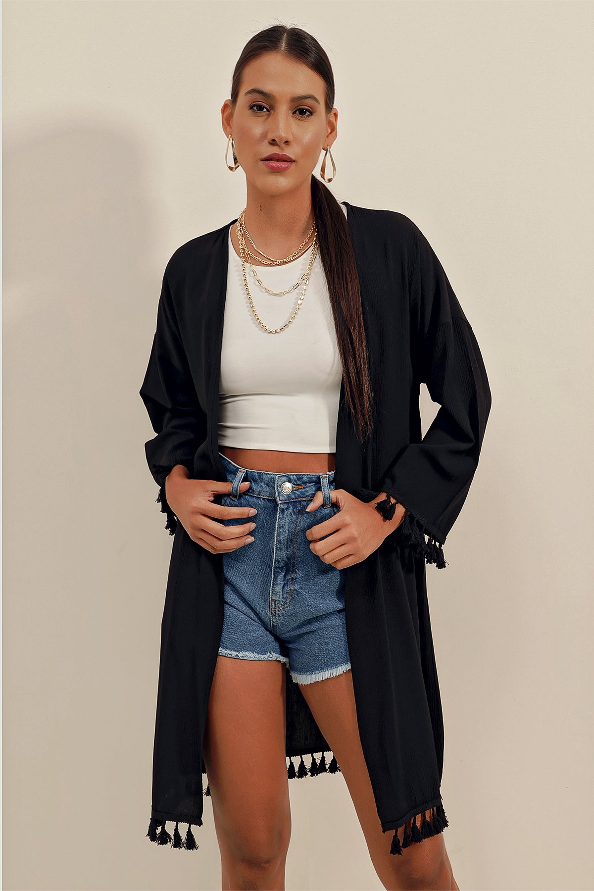 Image of 5833 Fırfırlı Kimono - Siyah