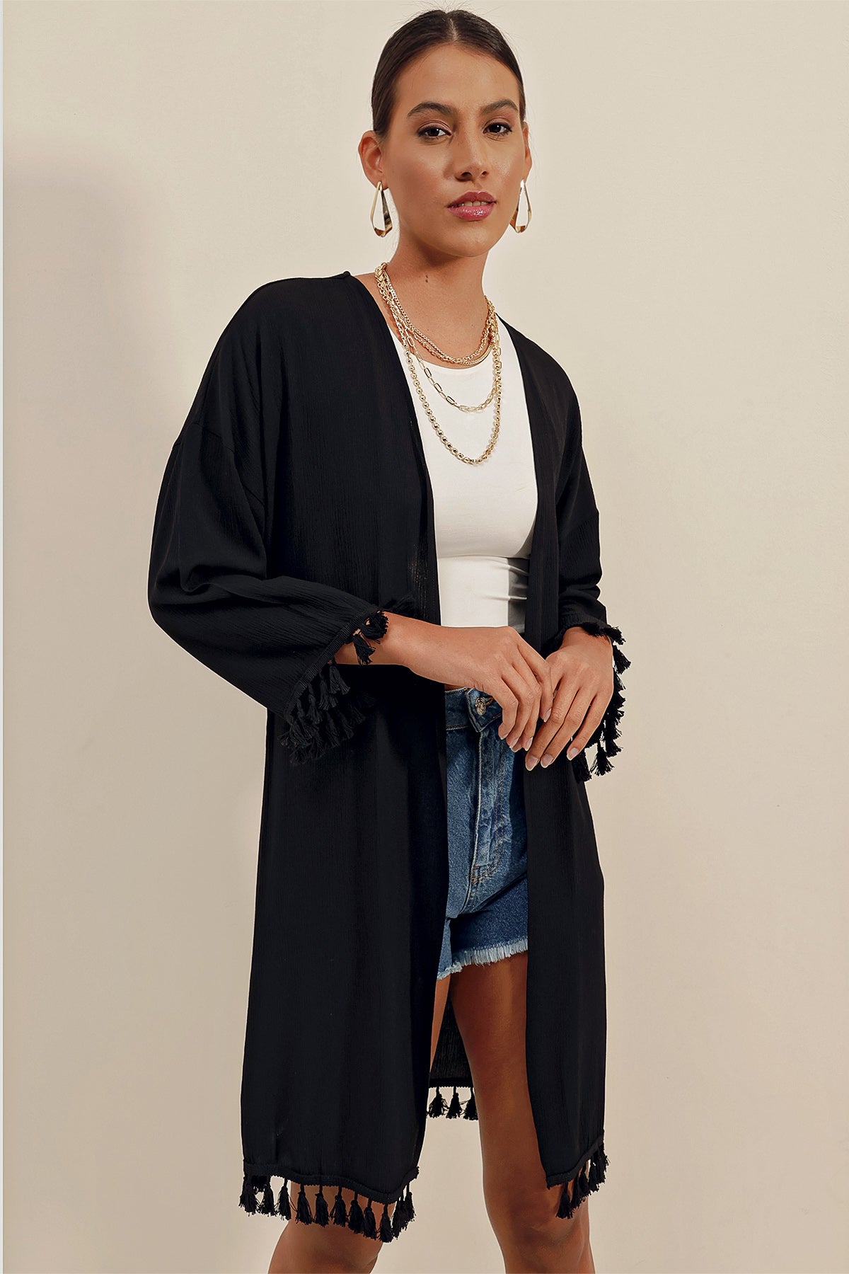 Image of 5833 Fırfırlı Kimono - Siyah