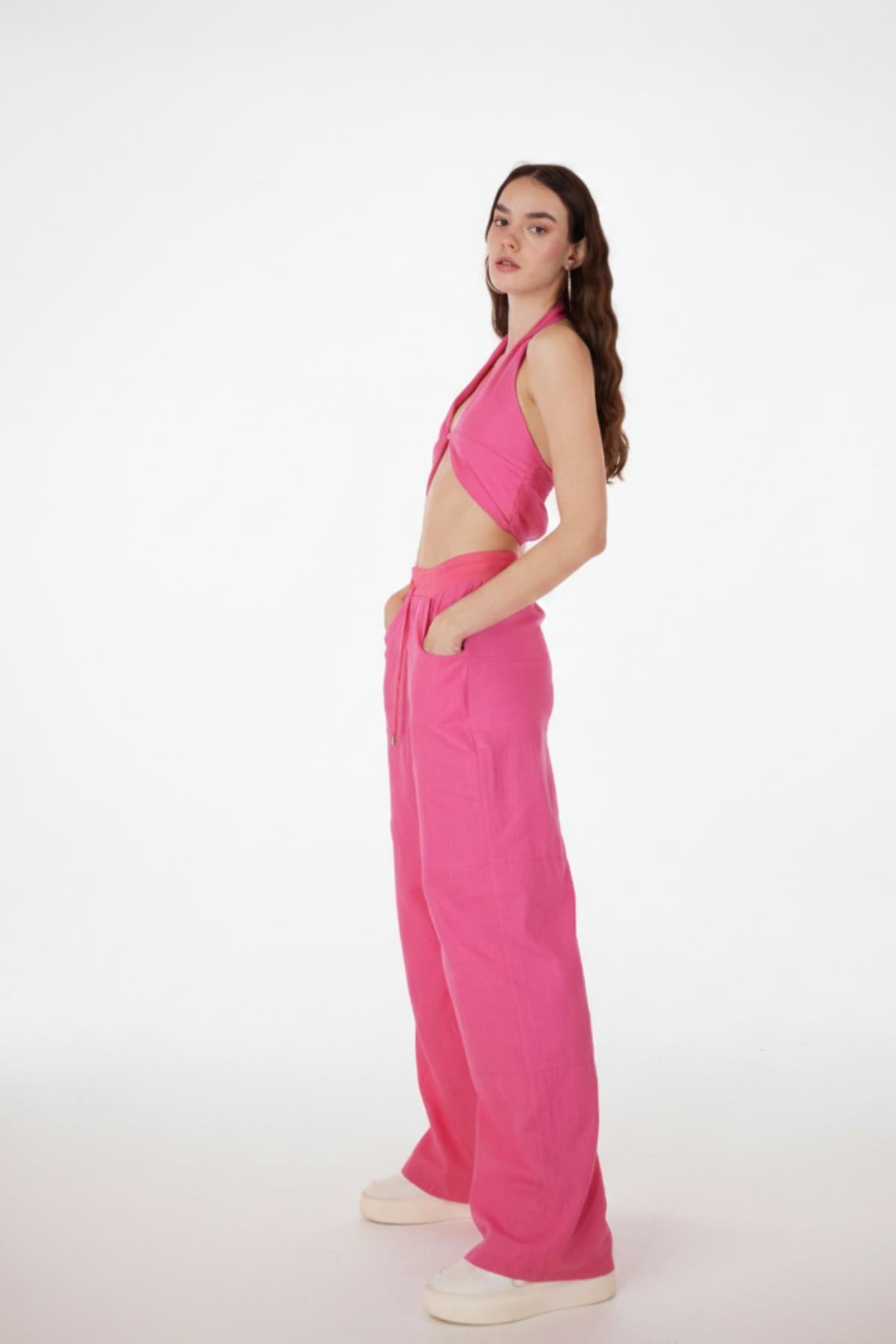 Image of Koton Kumaş Kayışlı Bol Kesim Rise Pantolon Pembe