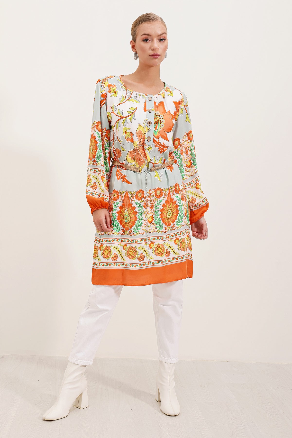 Image of 5902 Kemerli Desenli Elbise - Turuncu