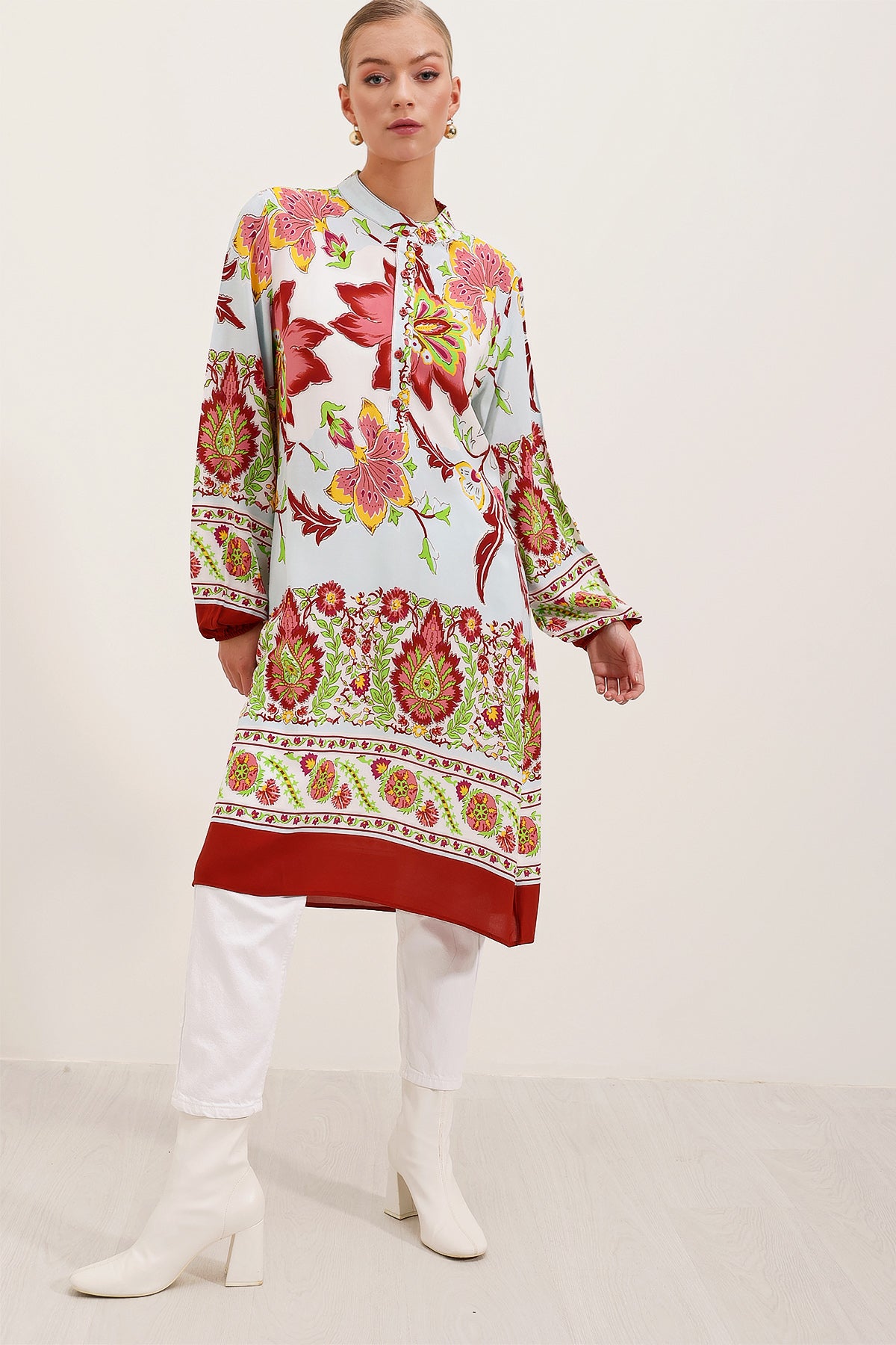 Image of 5903 Desenli Viskon Elbise - Bordo