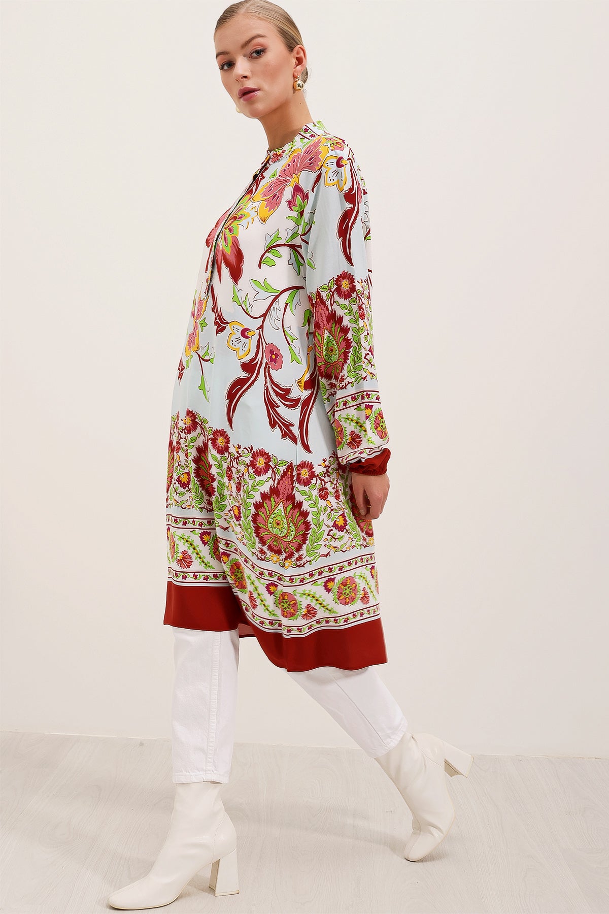 Image of 5903 Desenli Viskon Elbise - Bordo