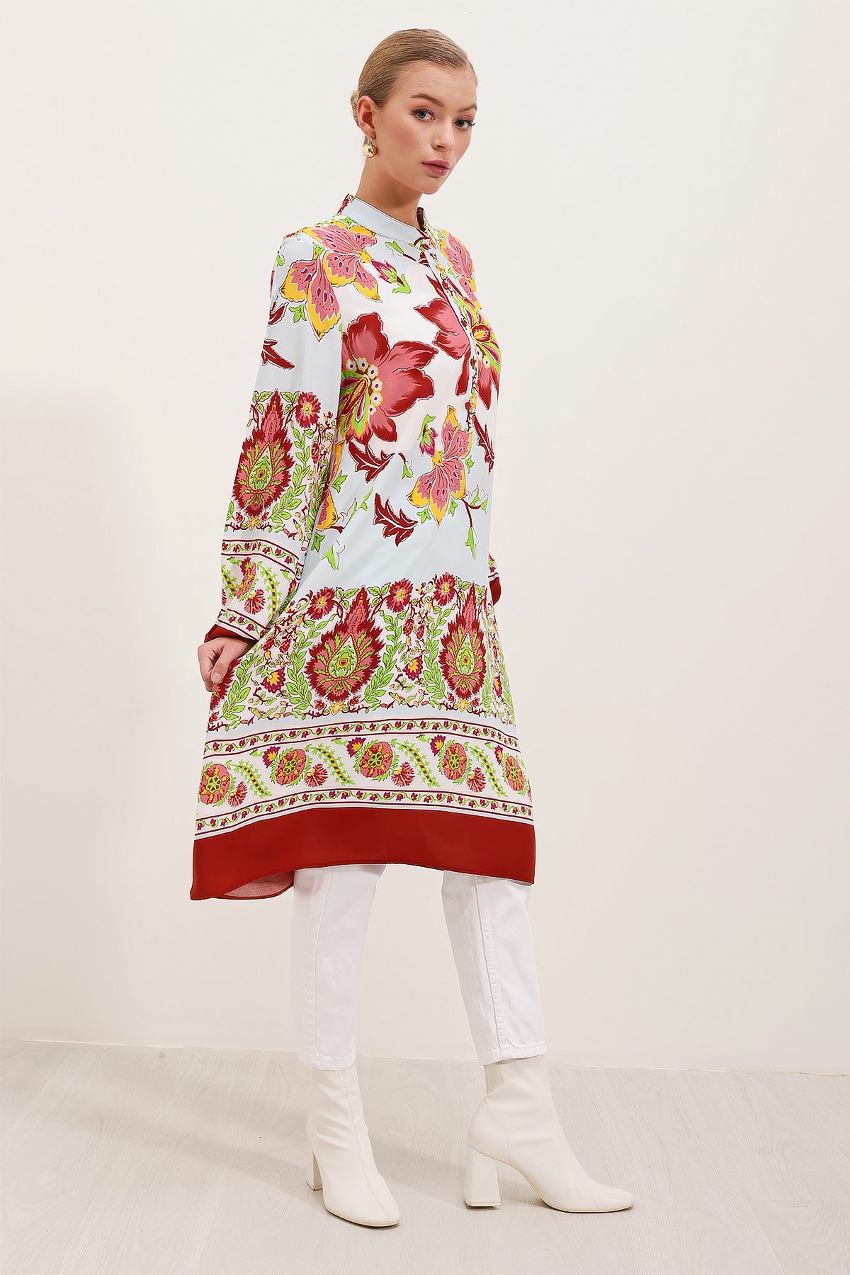 Image of 5903 Desenli Viskon Elbise - Bordo