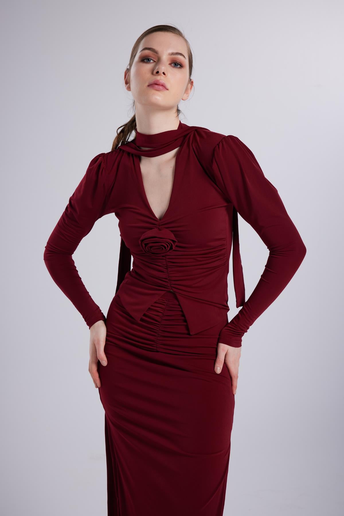 Image of Çift Yırtmaçlı Maxi Serre Etek Bordo