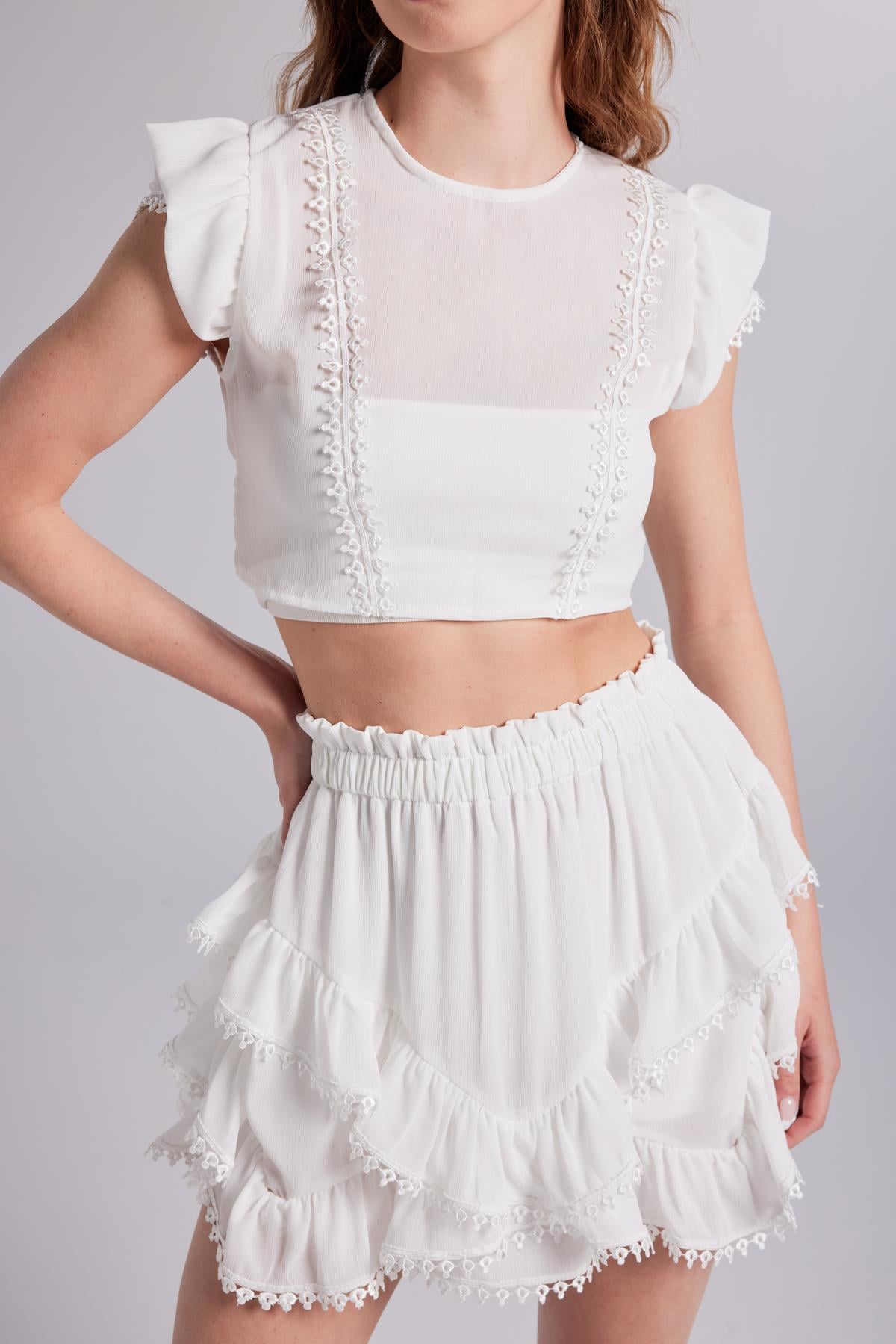Image of Brode Detaylı Crop Pixie Bluz Beyaz