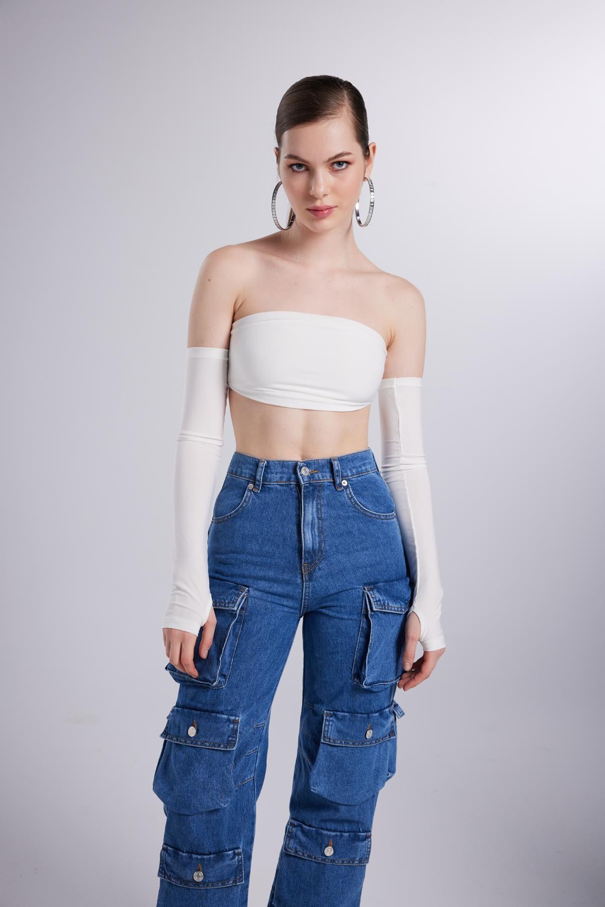 Image of Yüksek Bel Wide Leg  Cargo Jean Pantolon Mavi