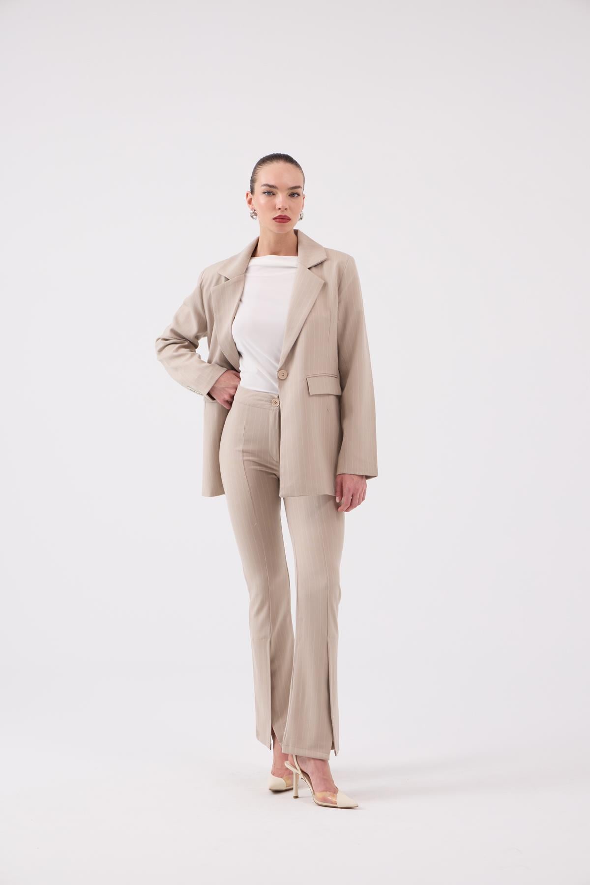 Image of Vatkalı Astarlı Blazer Striped Blazer Ceket Bej